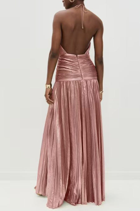 Thalia Metalik Peridot Uzun Elbise - Pembe
