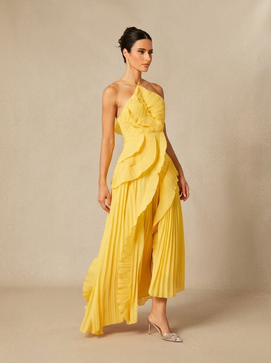 Halter Yaka Maxi Elbise Mor Pileli Detaylı