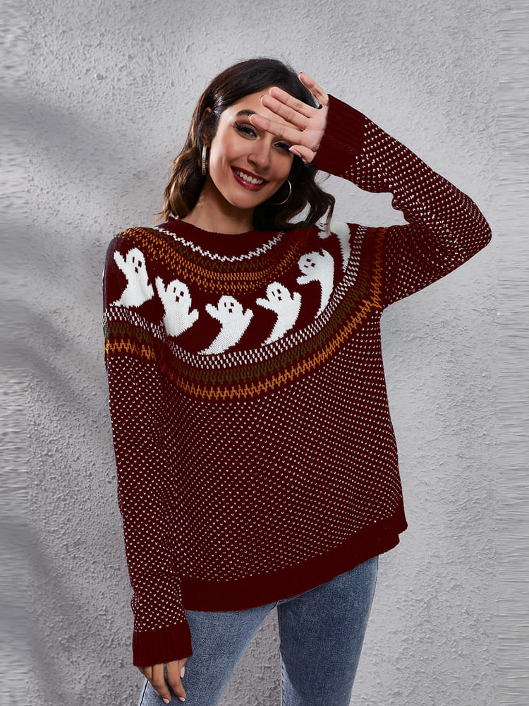 Edebi Retro Hayalet Desenli Yuvarlak Yaka Örme Kazak - 24. görünüm
