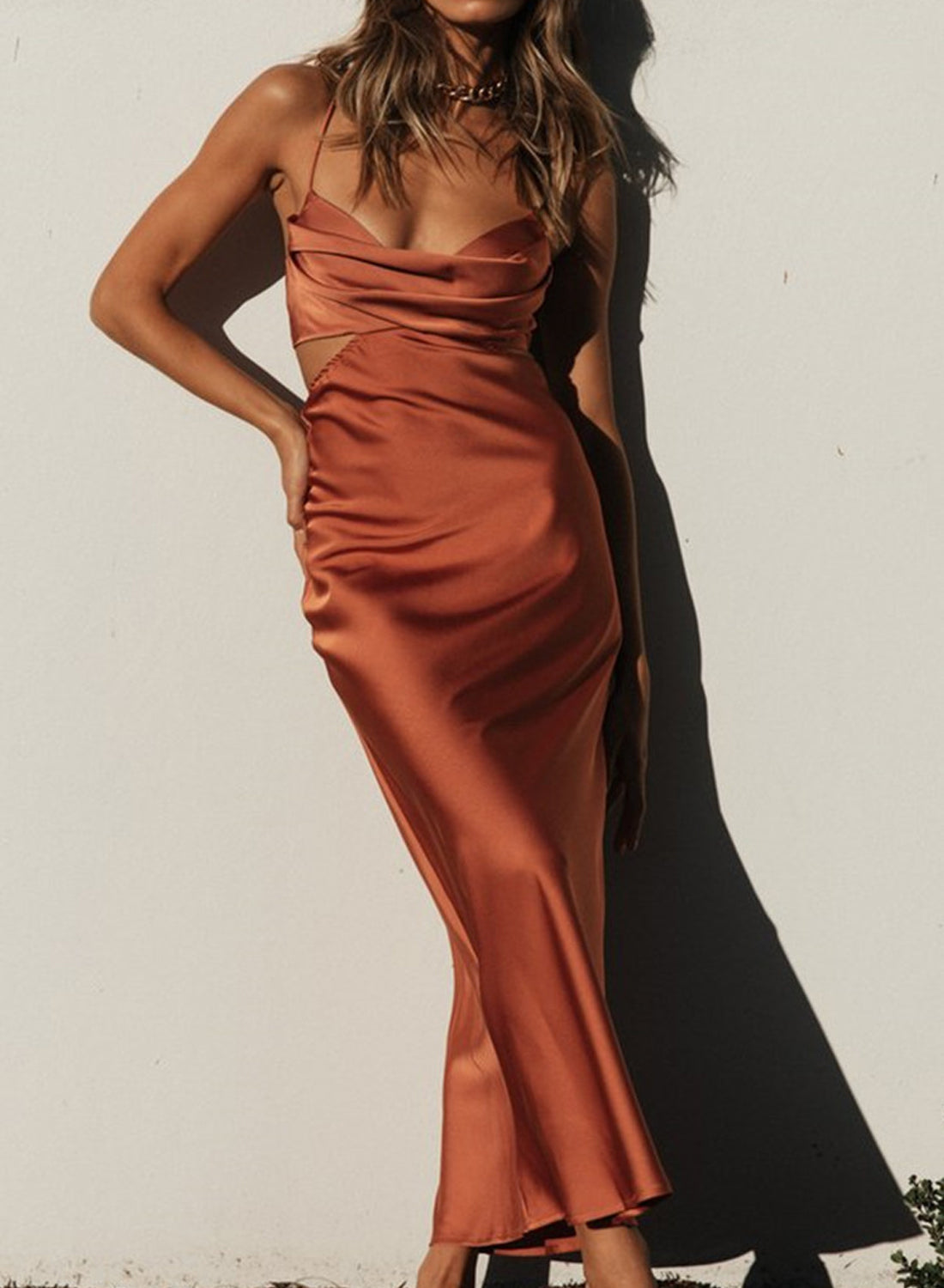 Saten Sırtı Açık Slip Midi Elbise - 7. görünüm