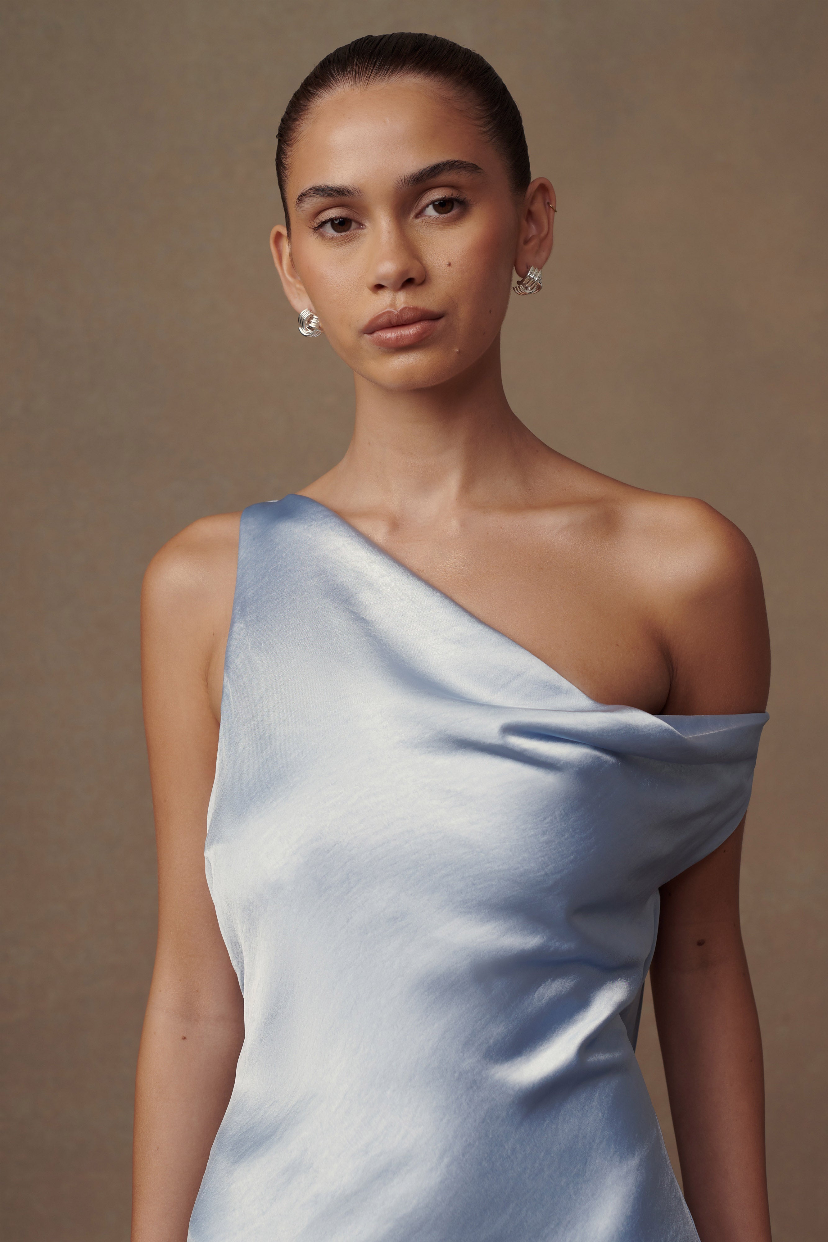Asimetrik Kenarlı Yvette Slip Maxi Elbise - Peygamber Çiçeği Mavisi