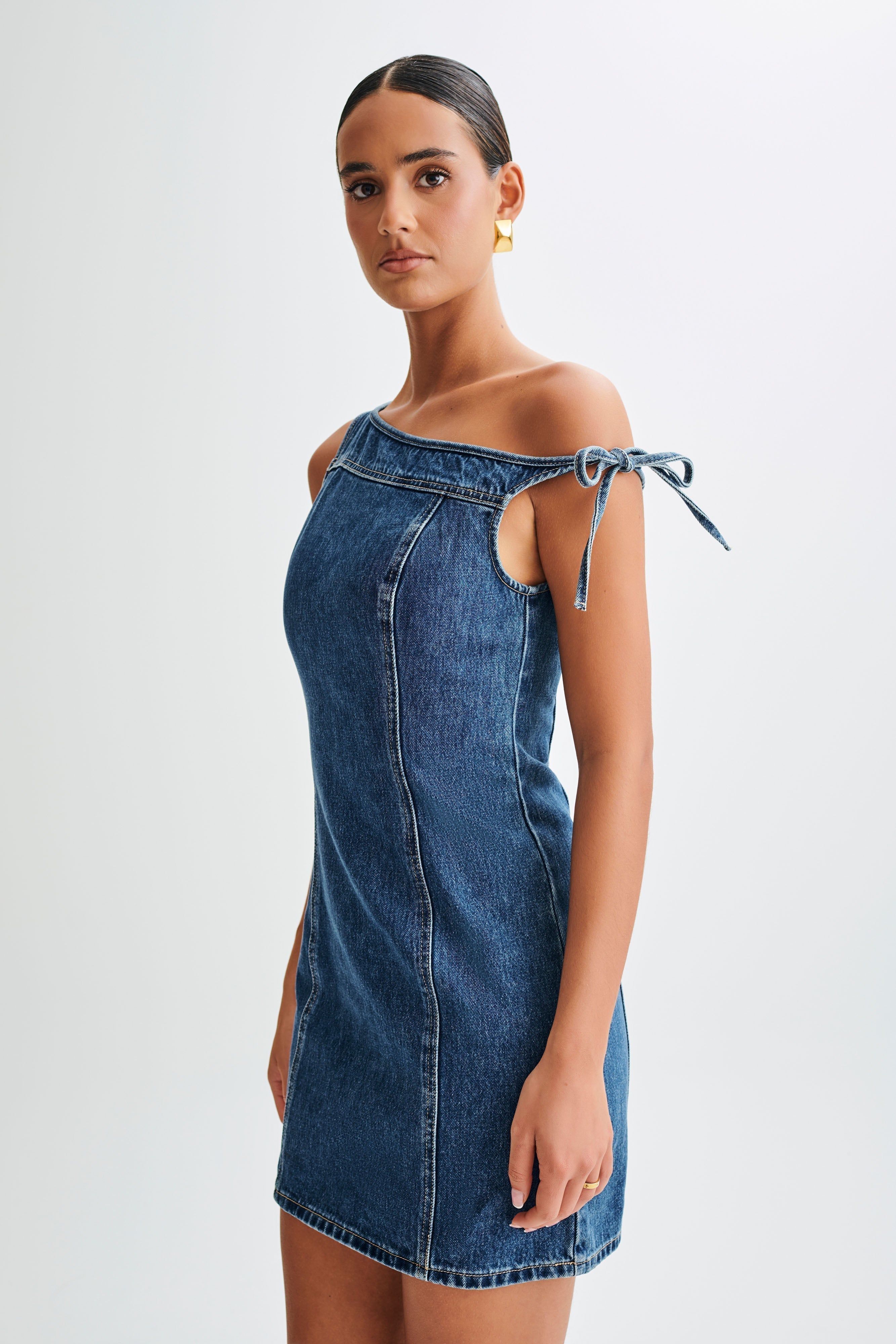 Baker Düşük Omuz Denim Mini Elbise - Koyu Mavi
