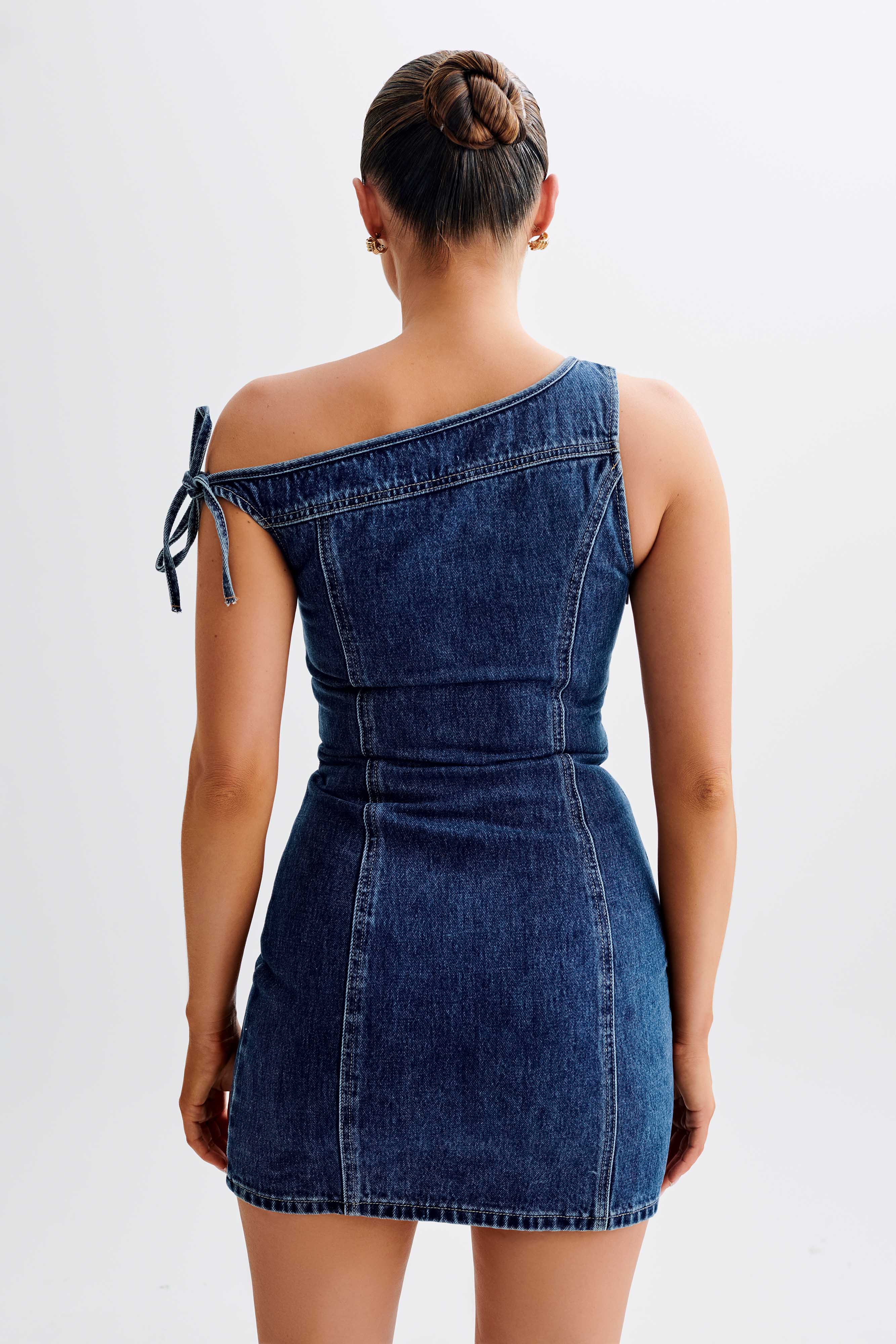 Baker Düşük Omuz Denim Mini Elbise - Koyu Mavi
