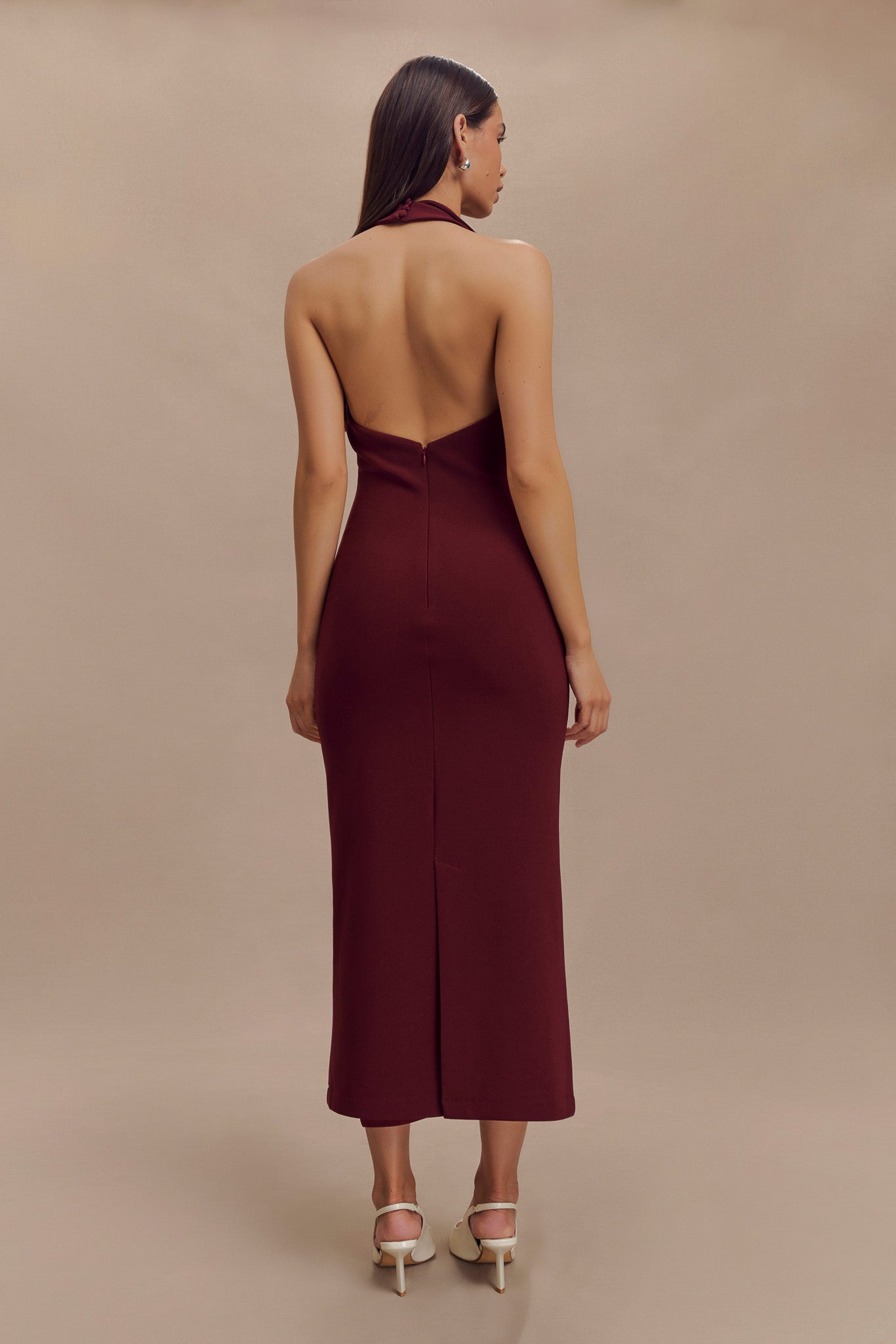 Annita Krep Boyundan Bağlamalı Midi Elbise - Merlot