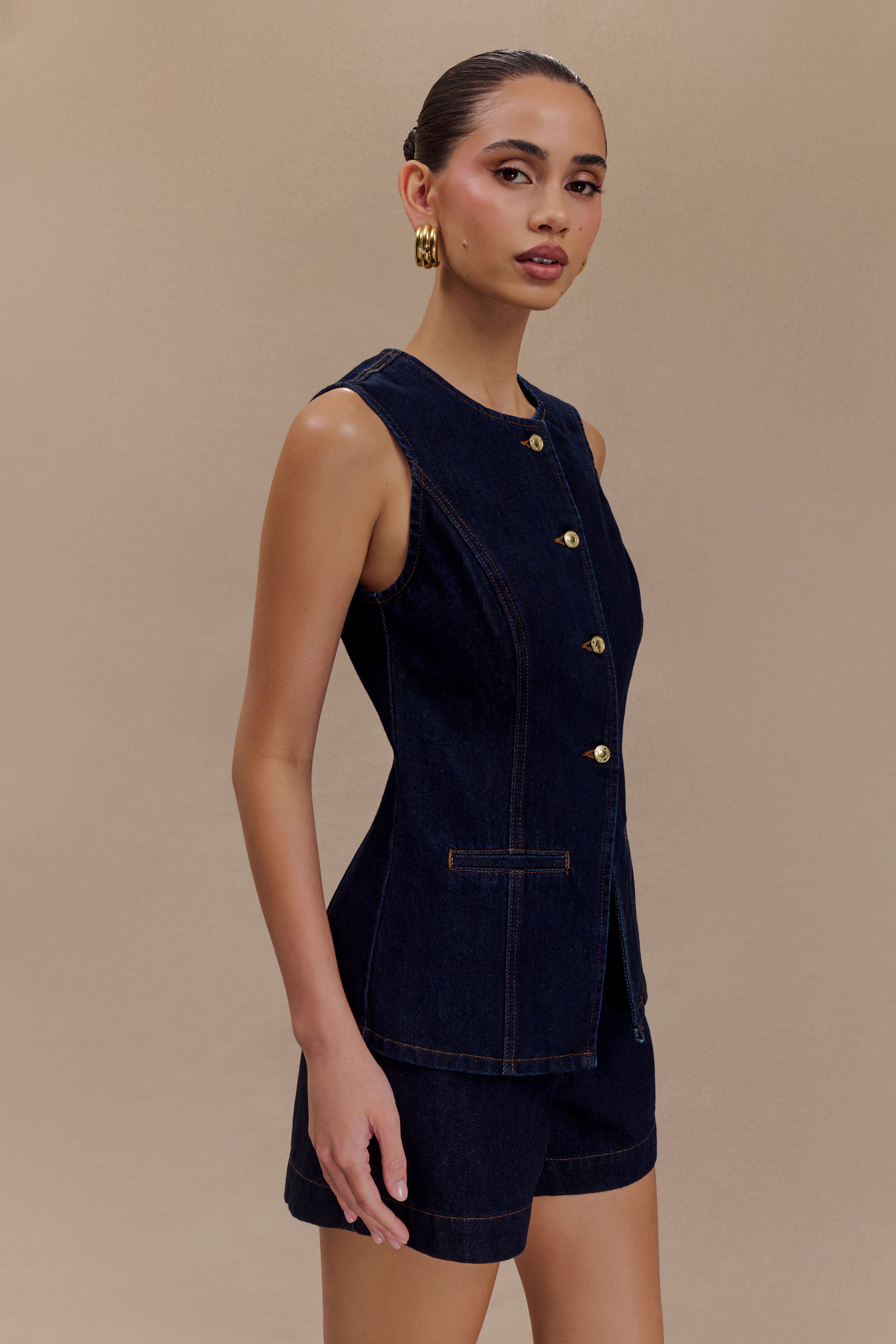 Abel Denim Düğmeli Üst - İndigo Mavi