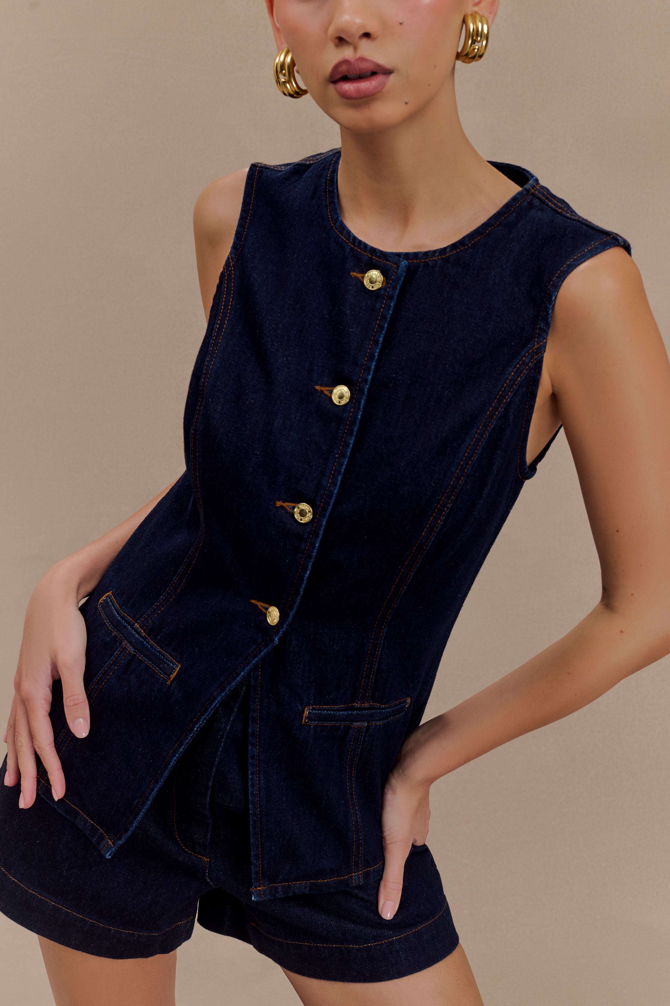 Abel Denim Düğmeli Üst - İndigo Mavi