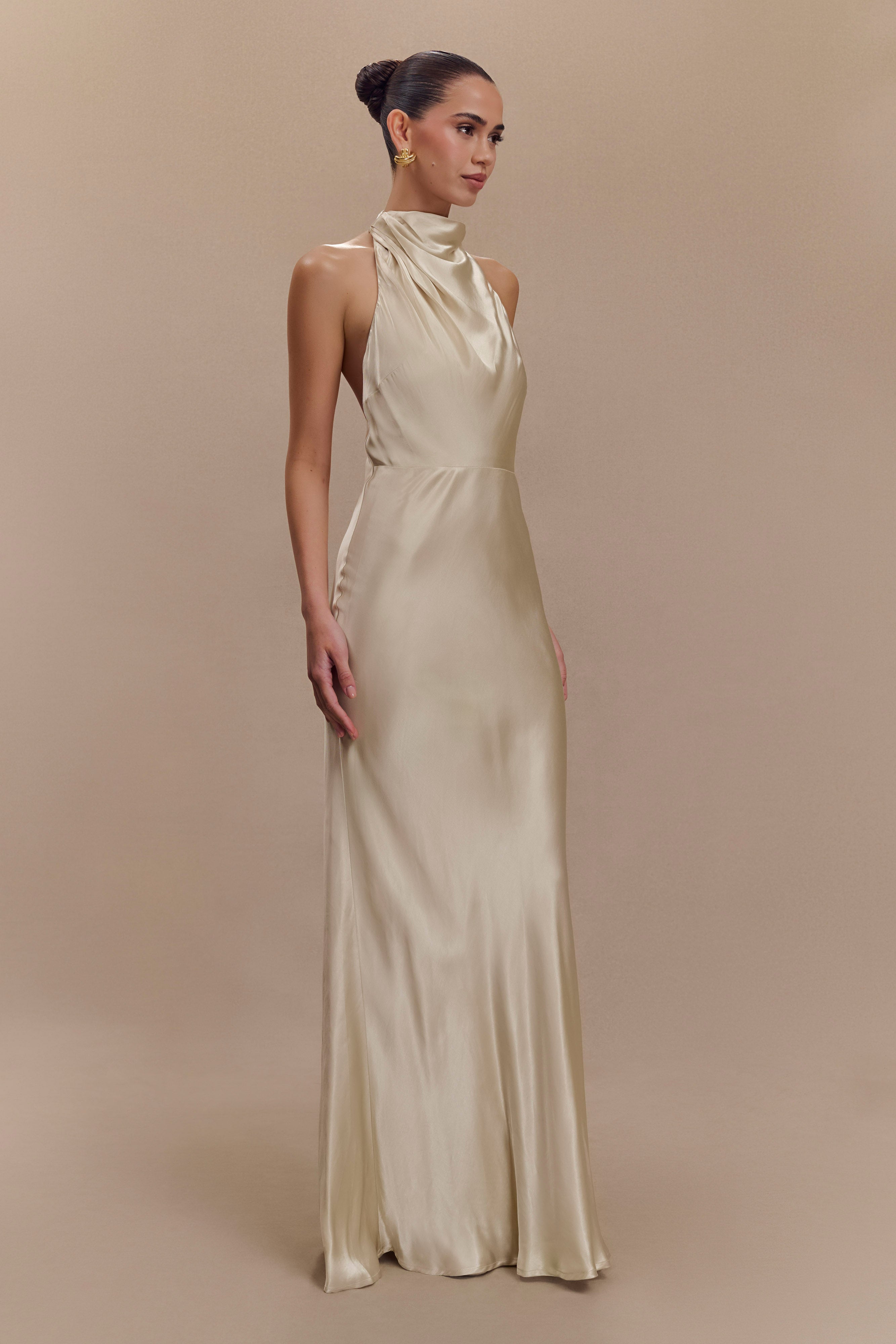 Esther Yanardöner Saten Cowl Maxi Elbise - Altın