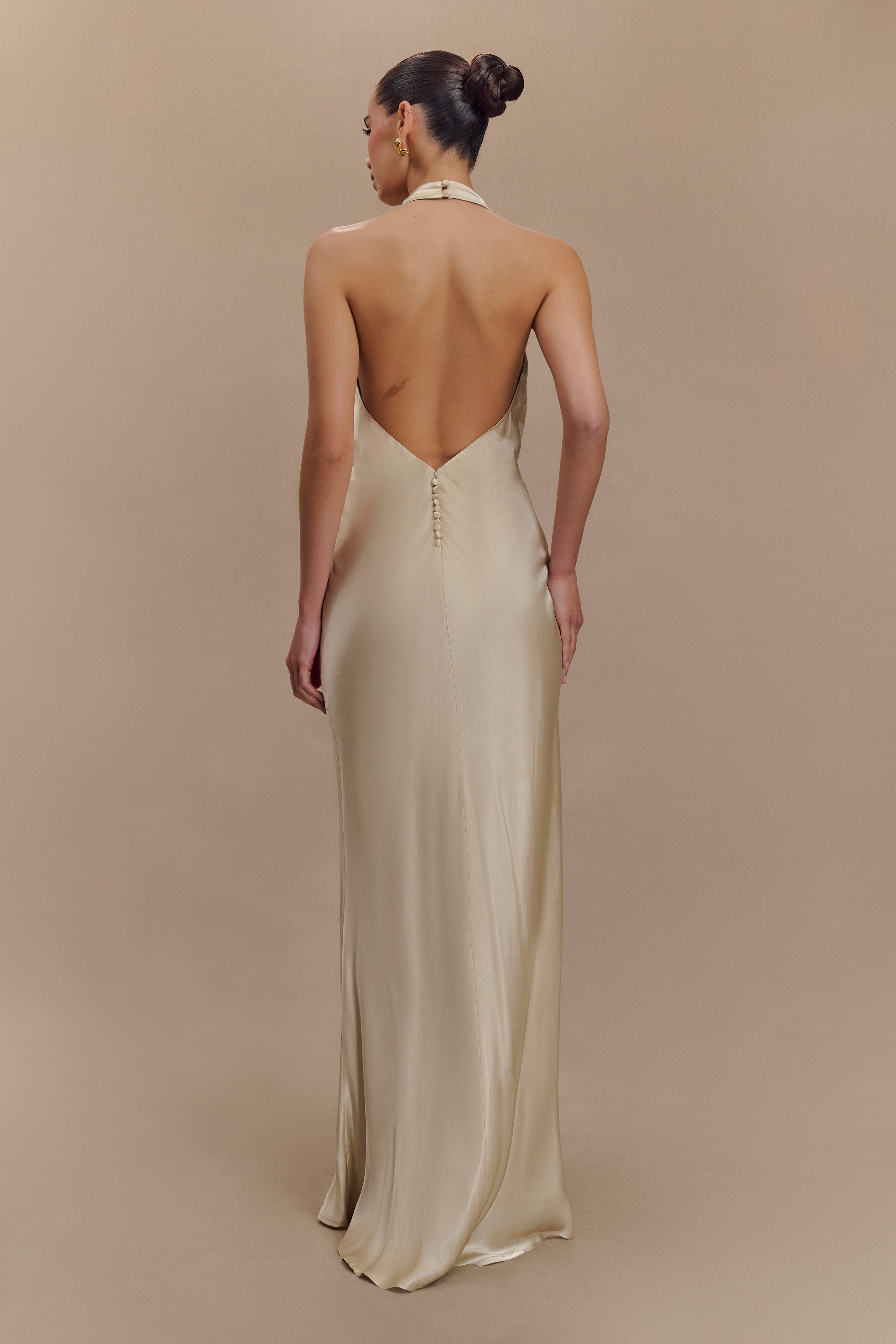 Esther Yanardöner Saten Cowl Maxi Elbise - Altın