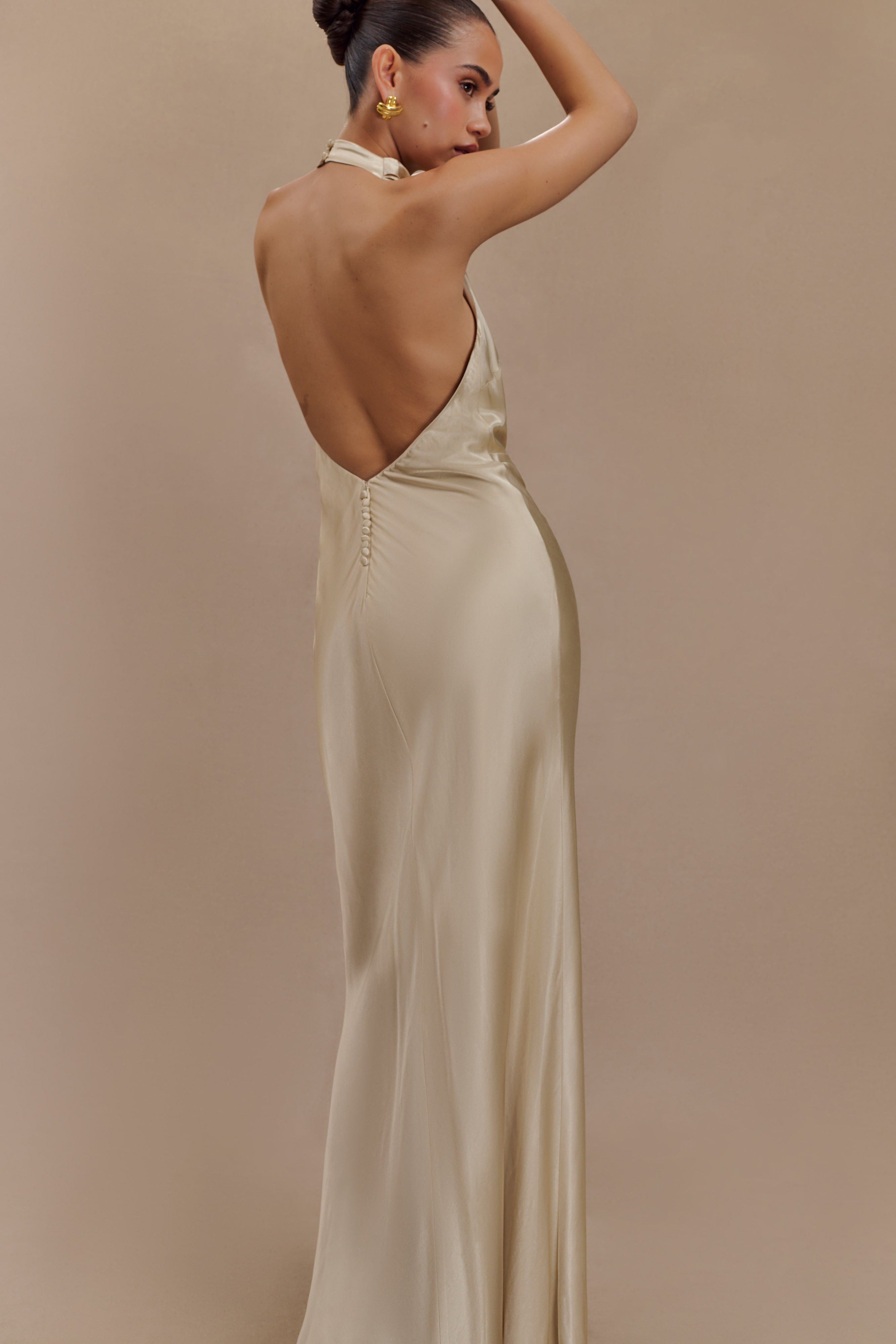 Esther Yanardöner Saten Cowl Maxi Elbise - Altın