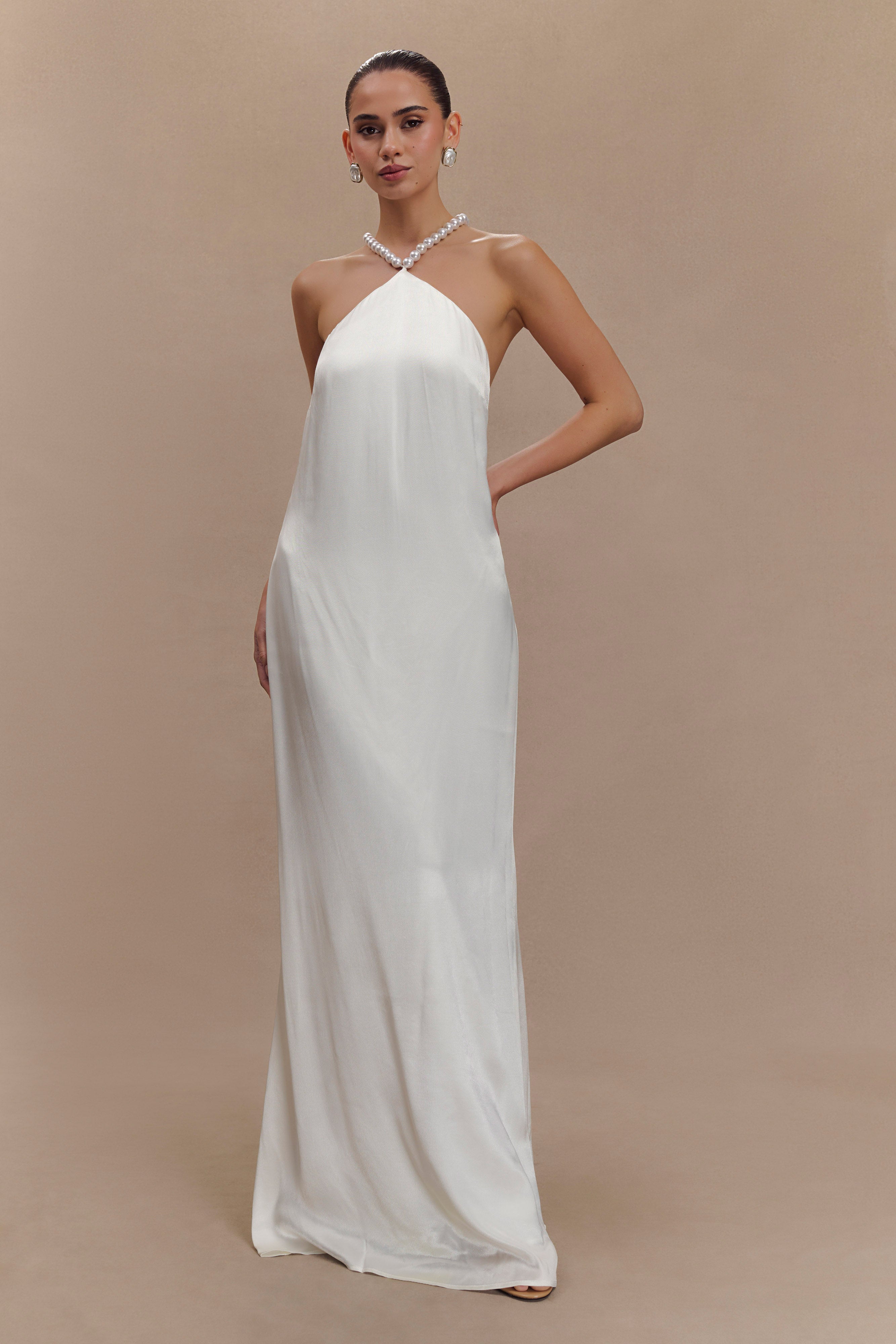 Blanche Saten İncili Boyundan Bağlamalı Uzun Elbise - Beyaz