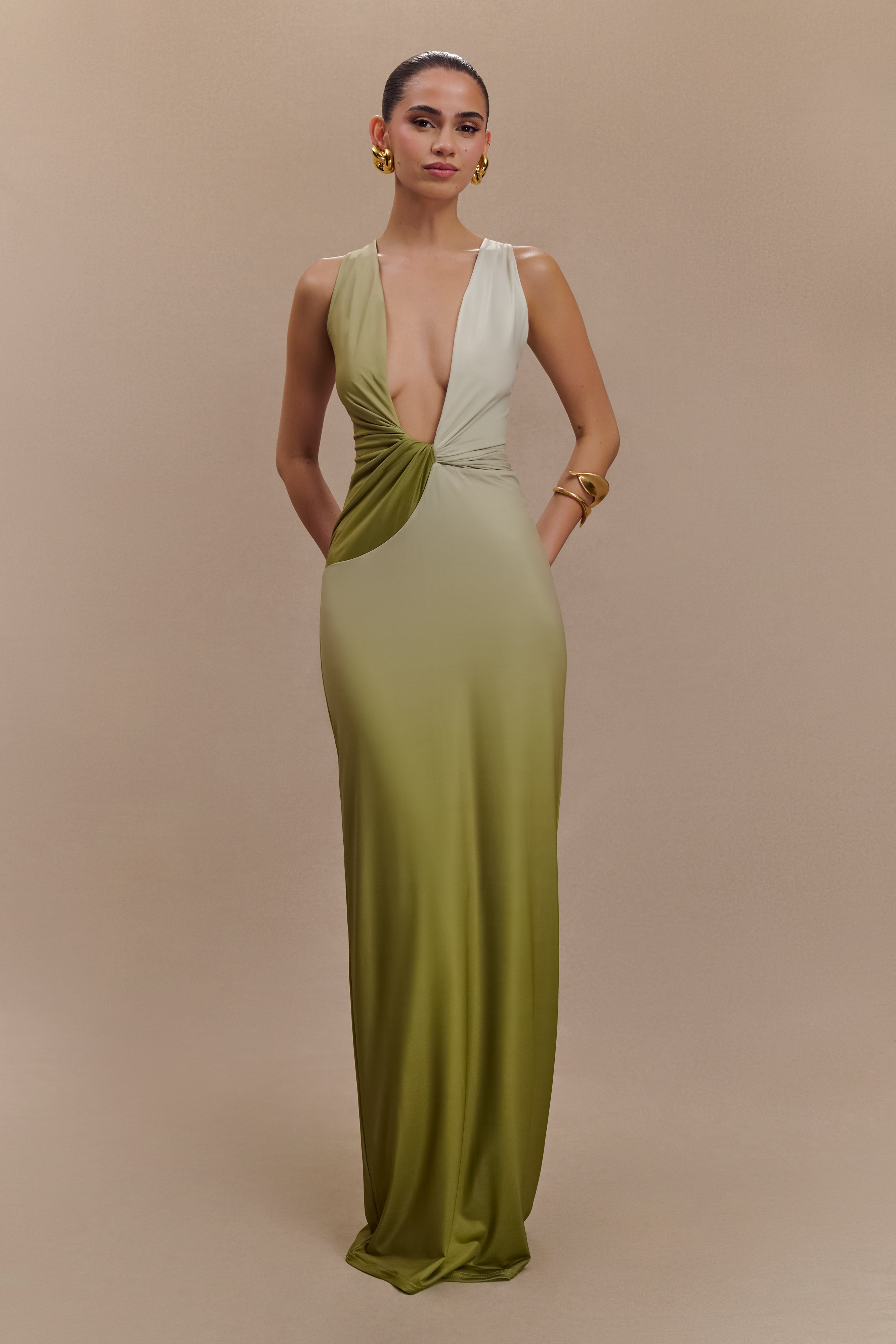 Stella Drapeli Dar Maxi Elbise - Ombre Vintage Zeytin