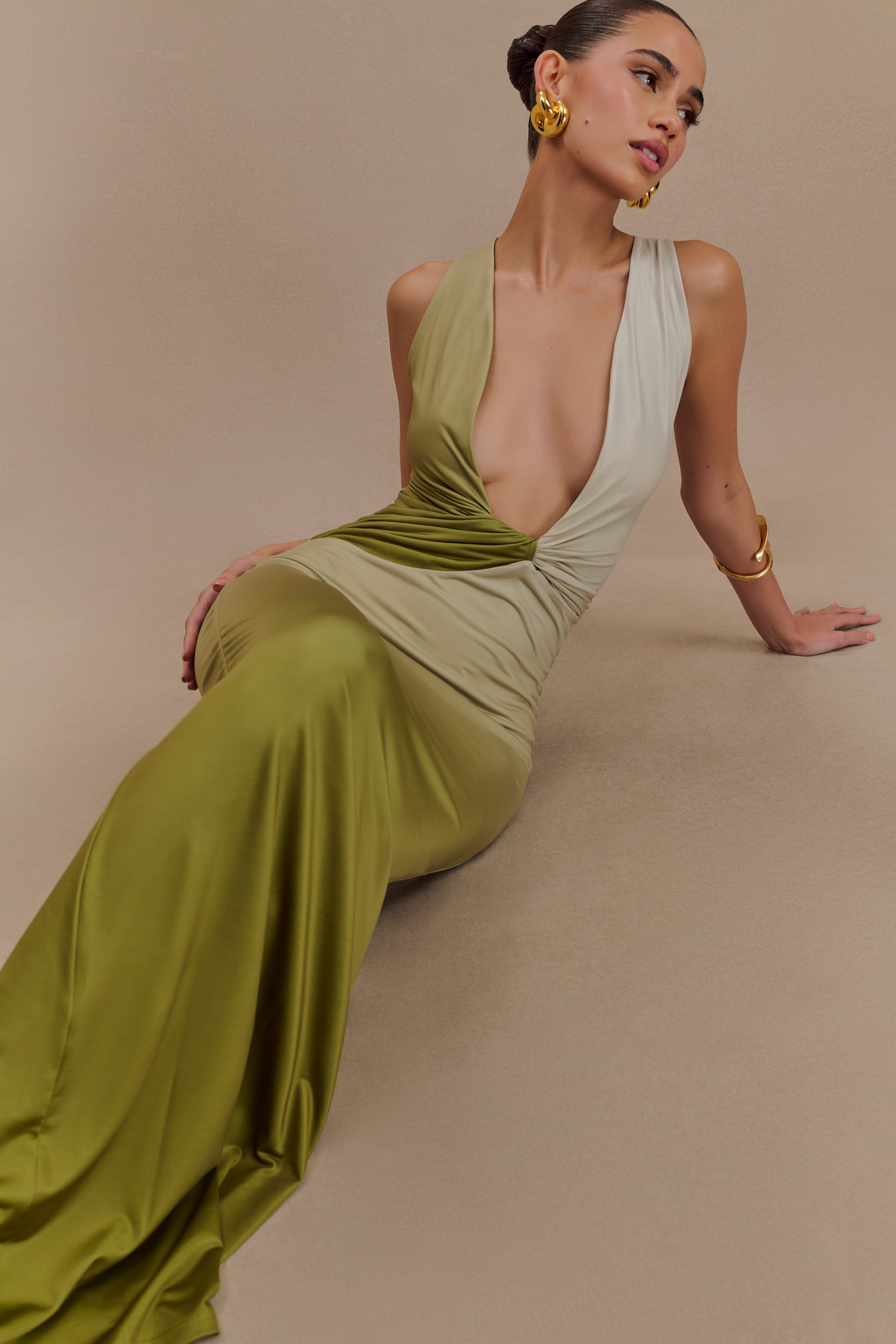 Stella Drapeli Dar Maxi Elbise - Ombre Vintage Zeytin