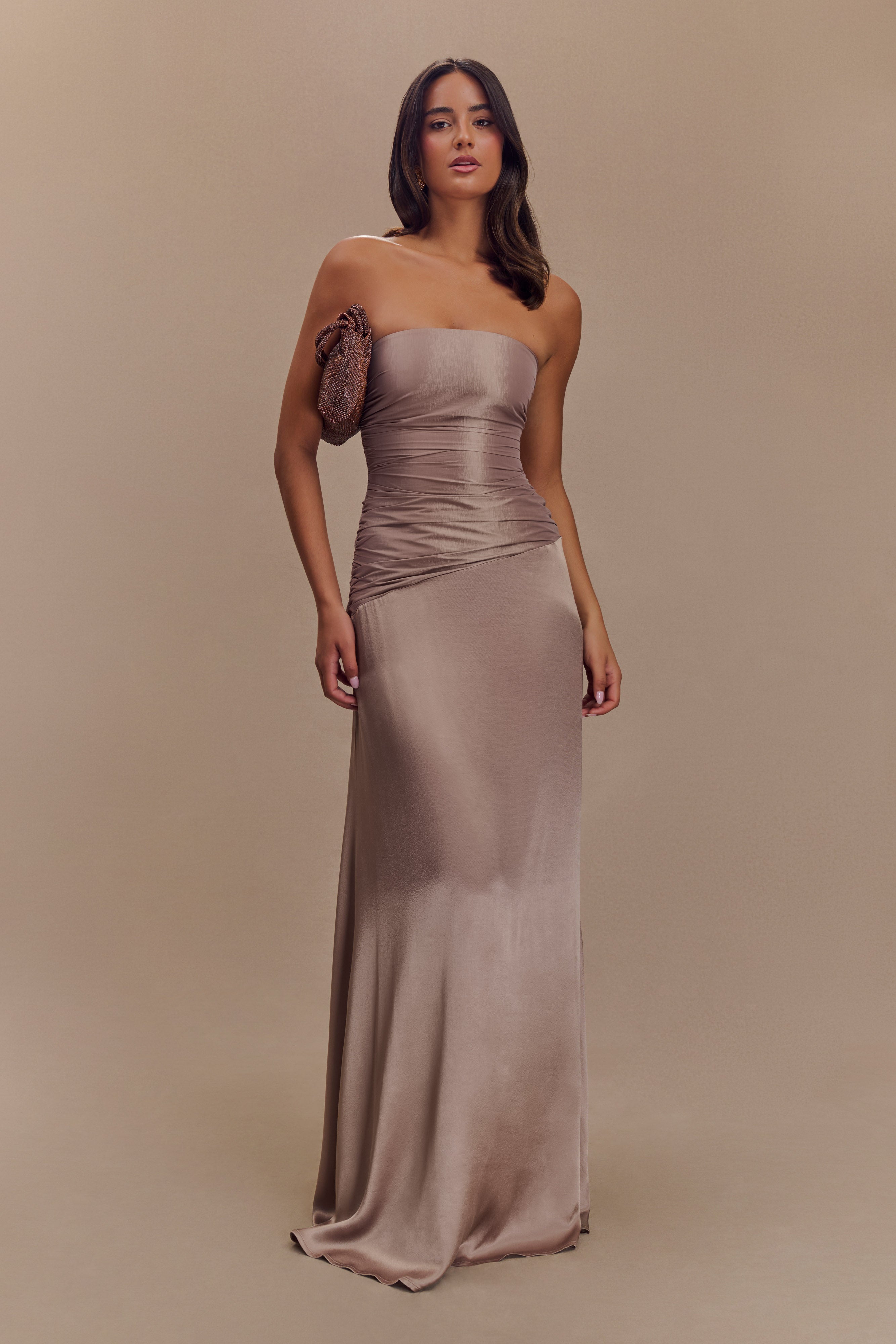 Serena Straplez Tafta Maxi Elbise - Bronz Taupe