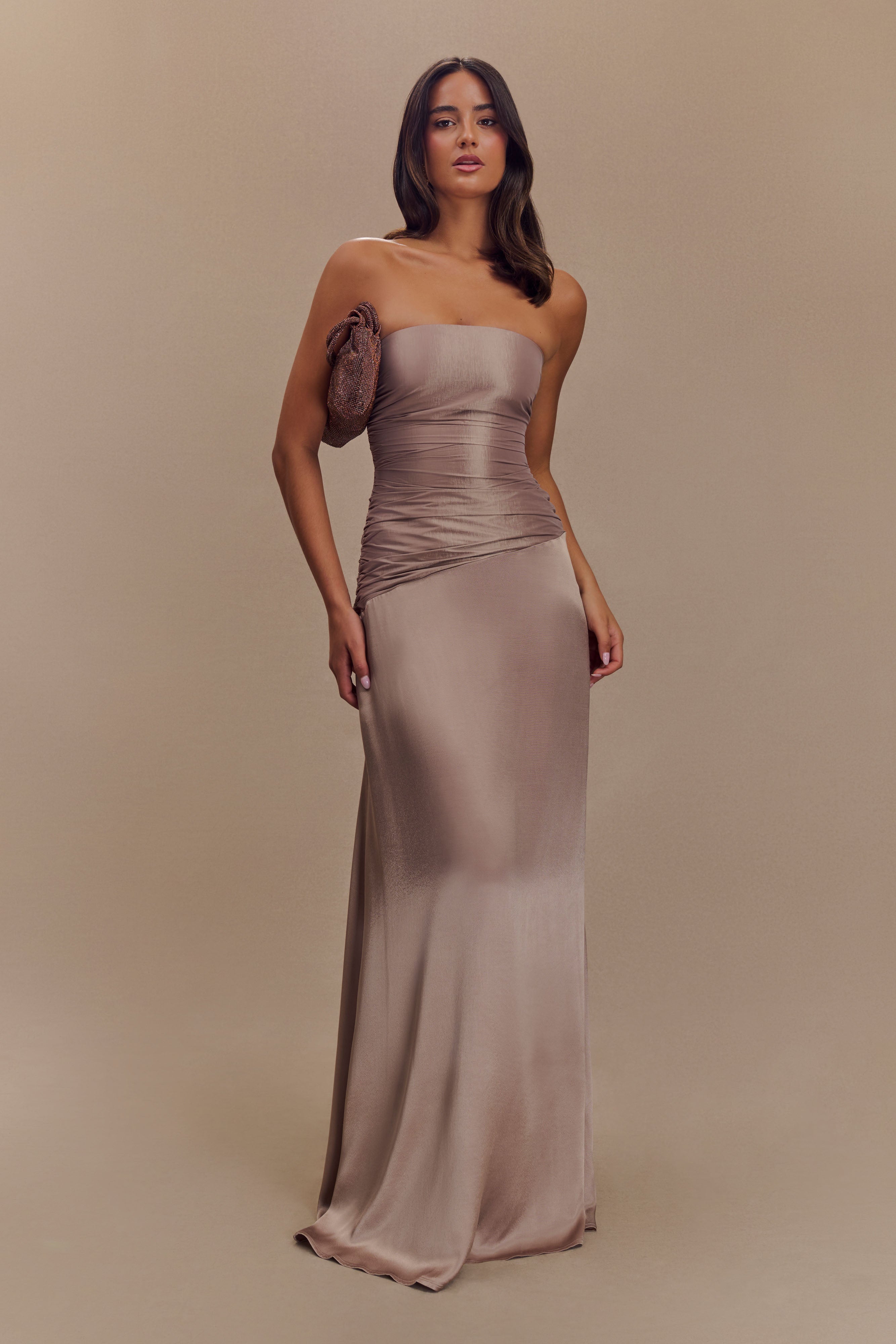 Serena Straplez Tafta Maxi Elbise - Bronz Taupe