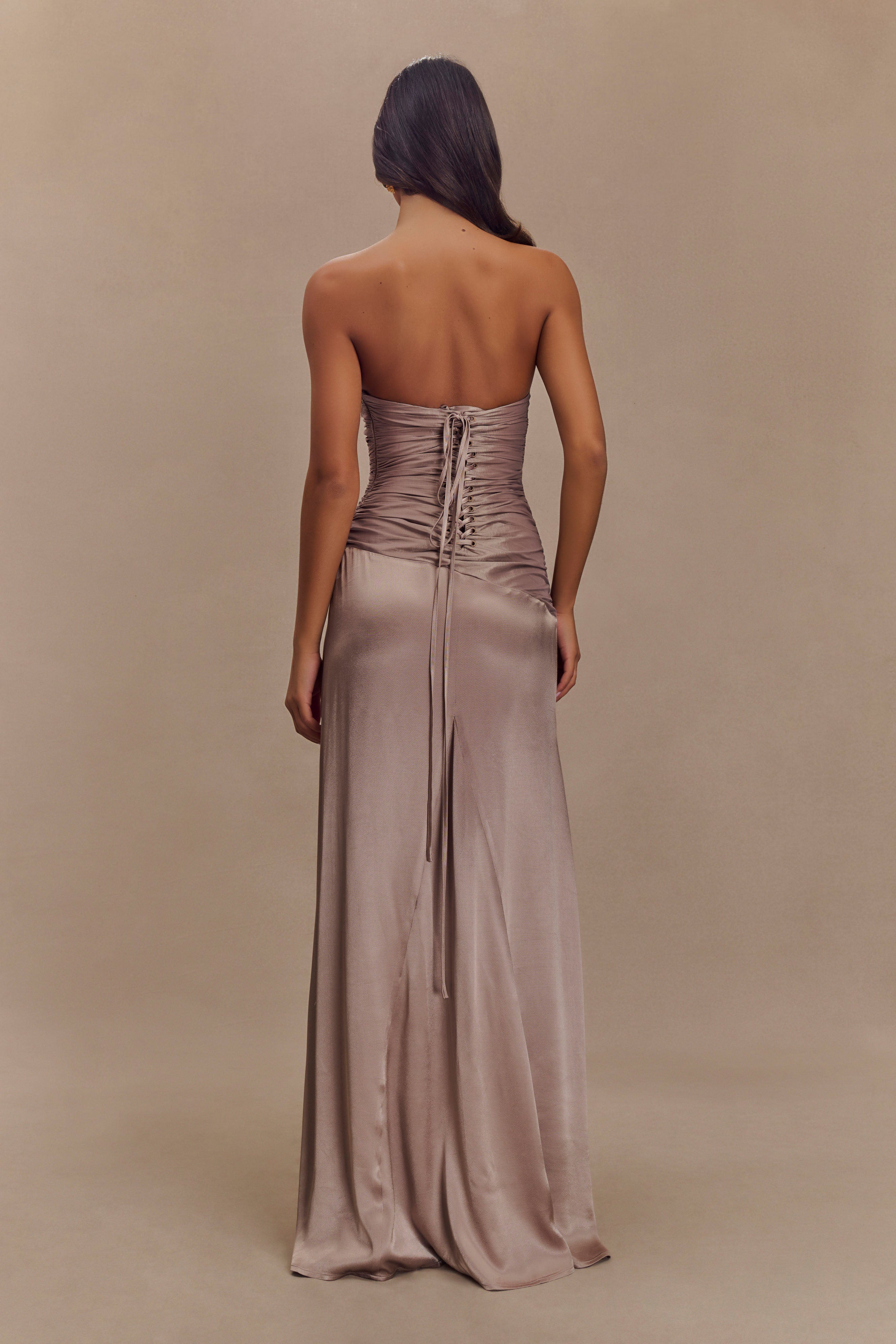 Serena Straplez Tafta Maxi Elbise - Bronz Taupe