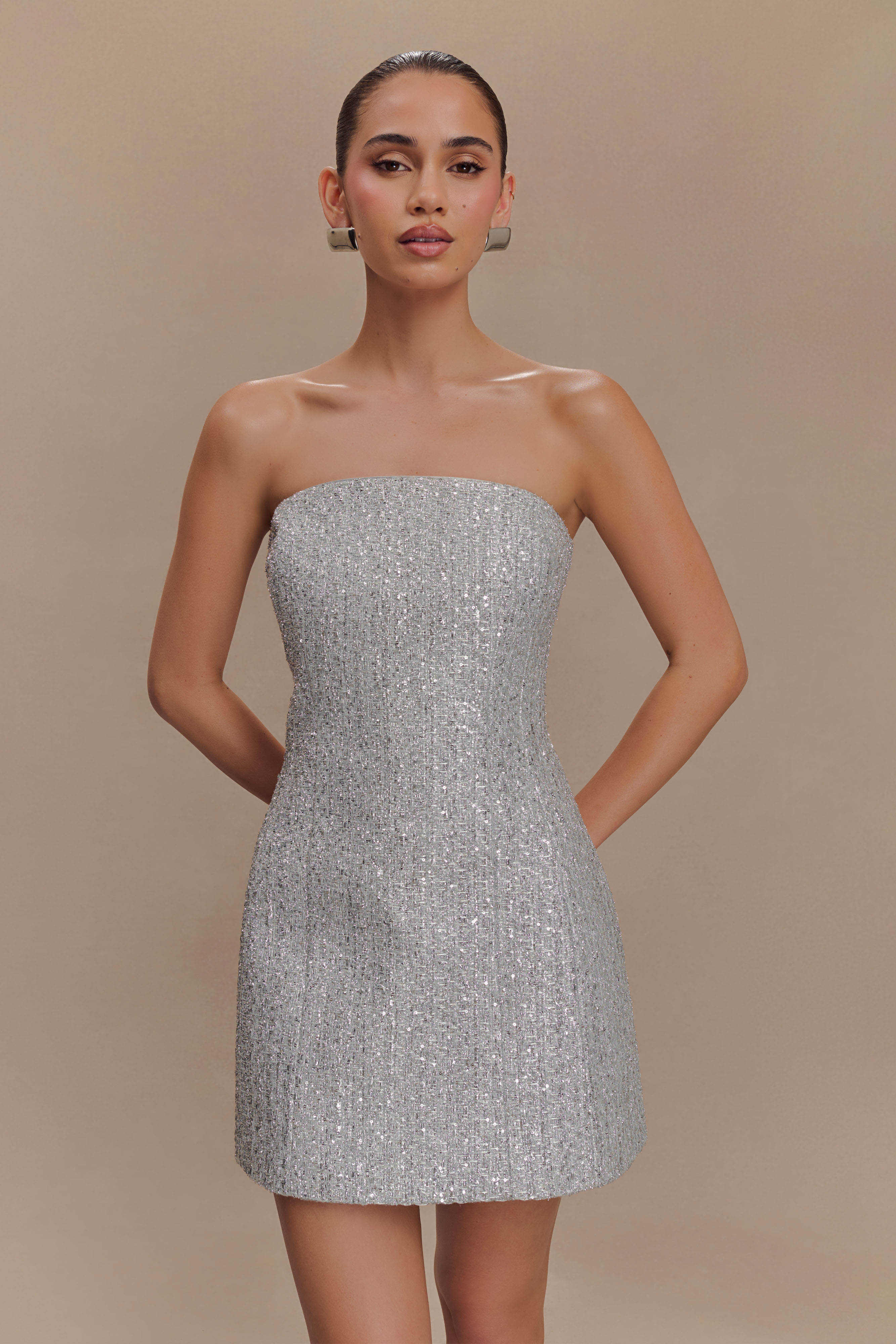 Gala Straplez Tüvit Mini Elbise - Gümüş