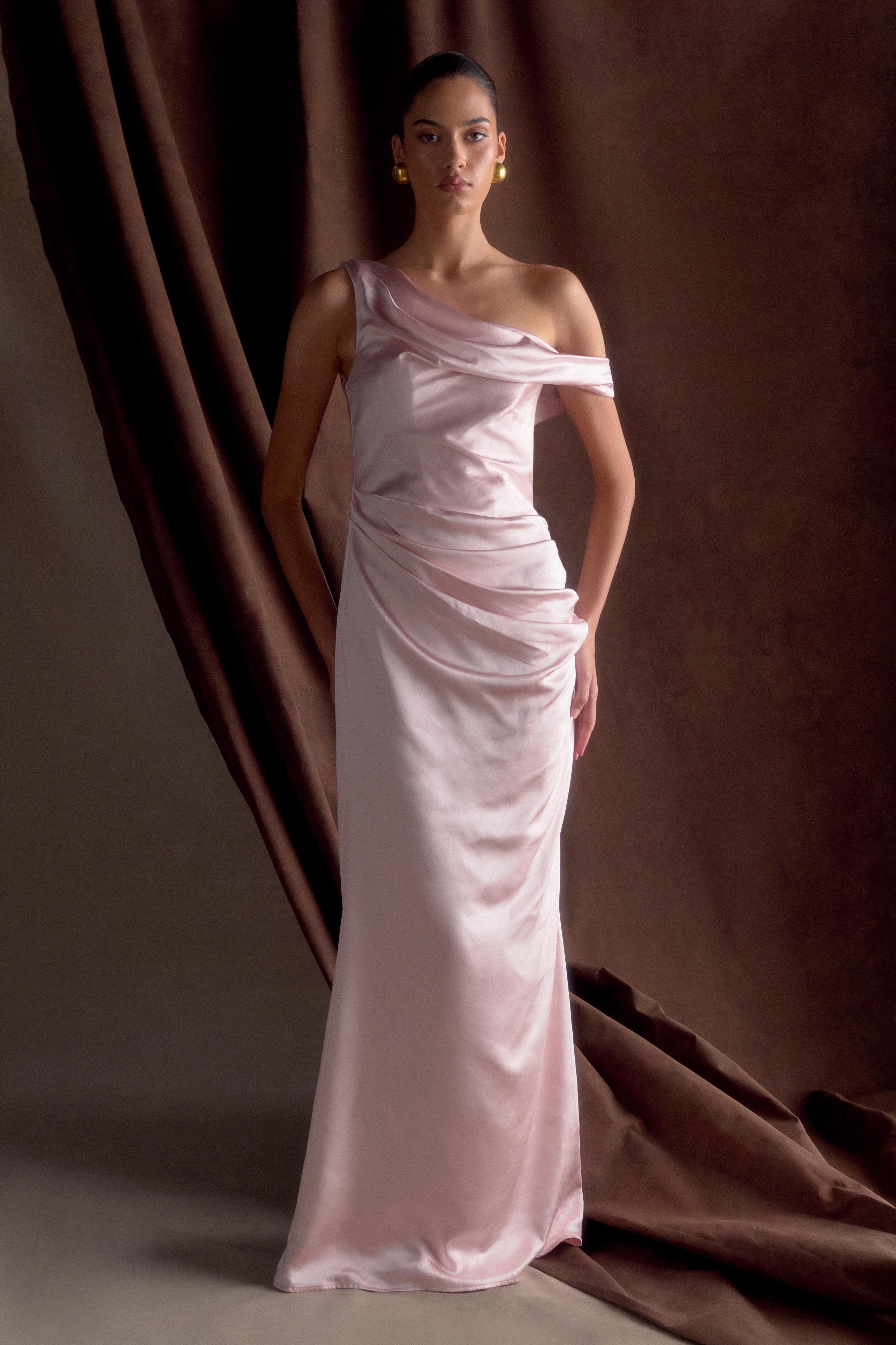 Dalia Düşük Omuzlu Saten Maxi Elbise - Soft Pembe