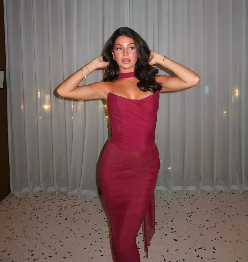 Aniyah Askısız Bodycon Maxi Elbise Bordo Tek Omuz