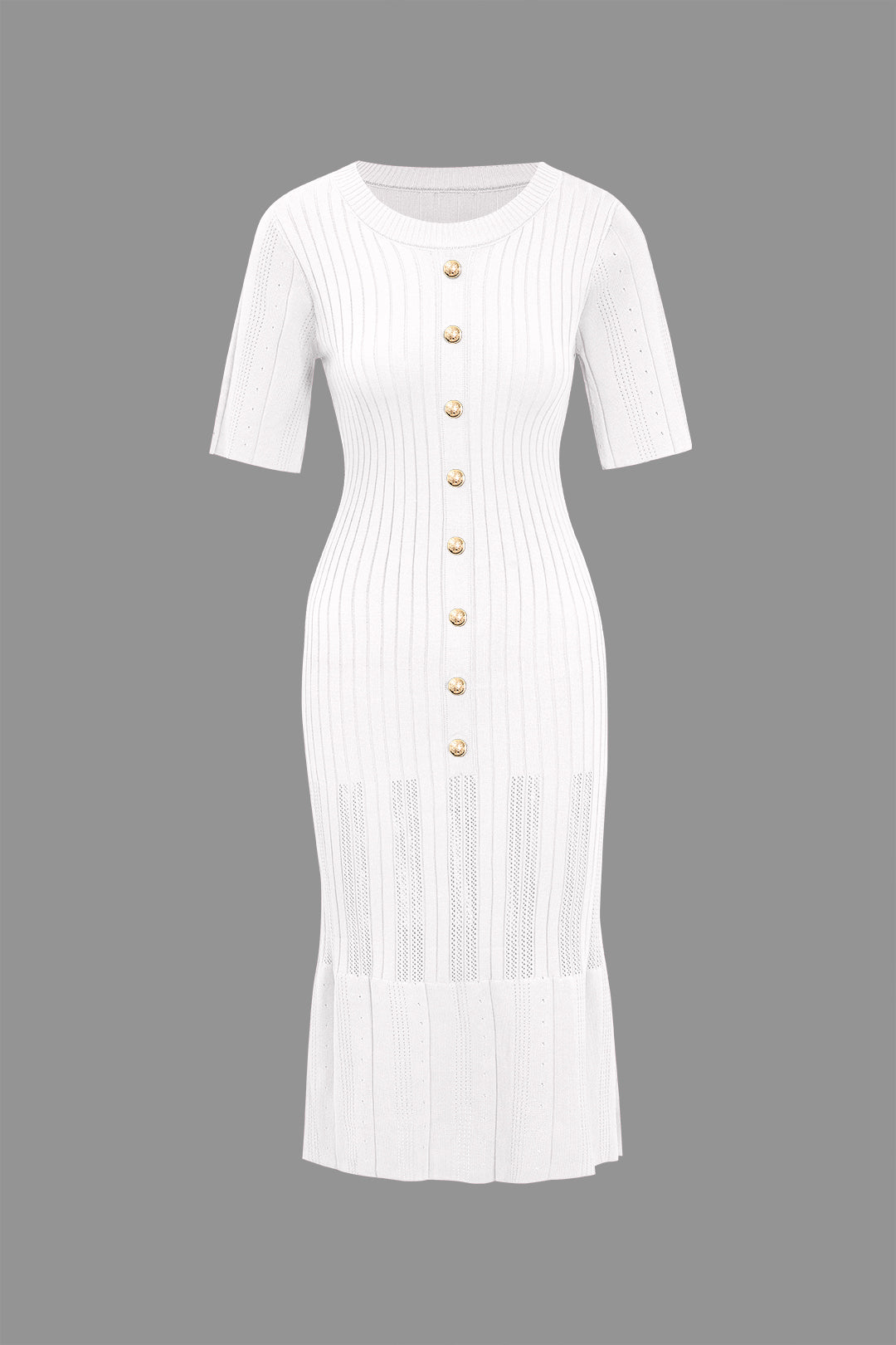 Katı Örgü Düğmeli Yuvarlak Yaka Kısa Kollu Maksi Elbise - Beyaz