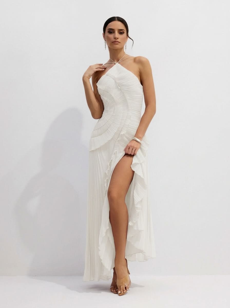 Halter Yaka Maxi Elbise Mor Pileli Detaylı