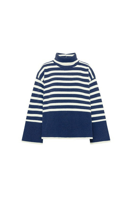 Balıkçı Yaka Çizgili Kazak - Mavi