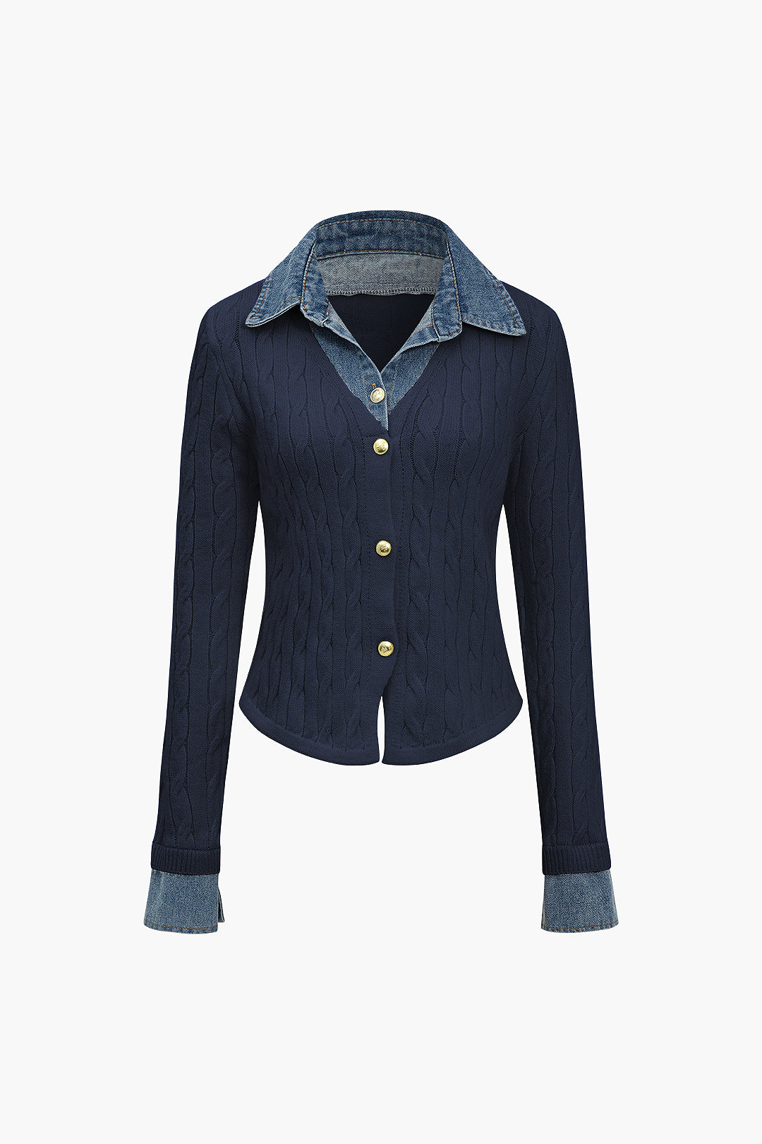 Örgü Denim Gömlek Yaka Uzun Kollu Üst - Koyu Mavi