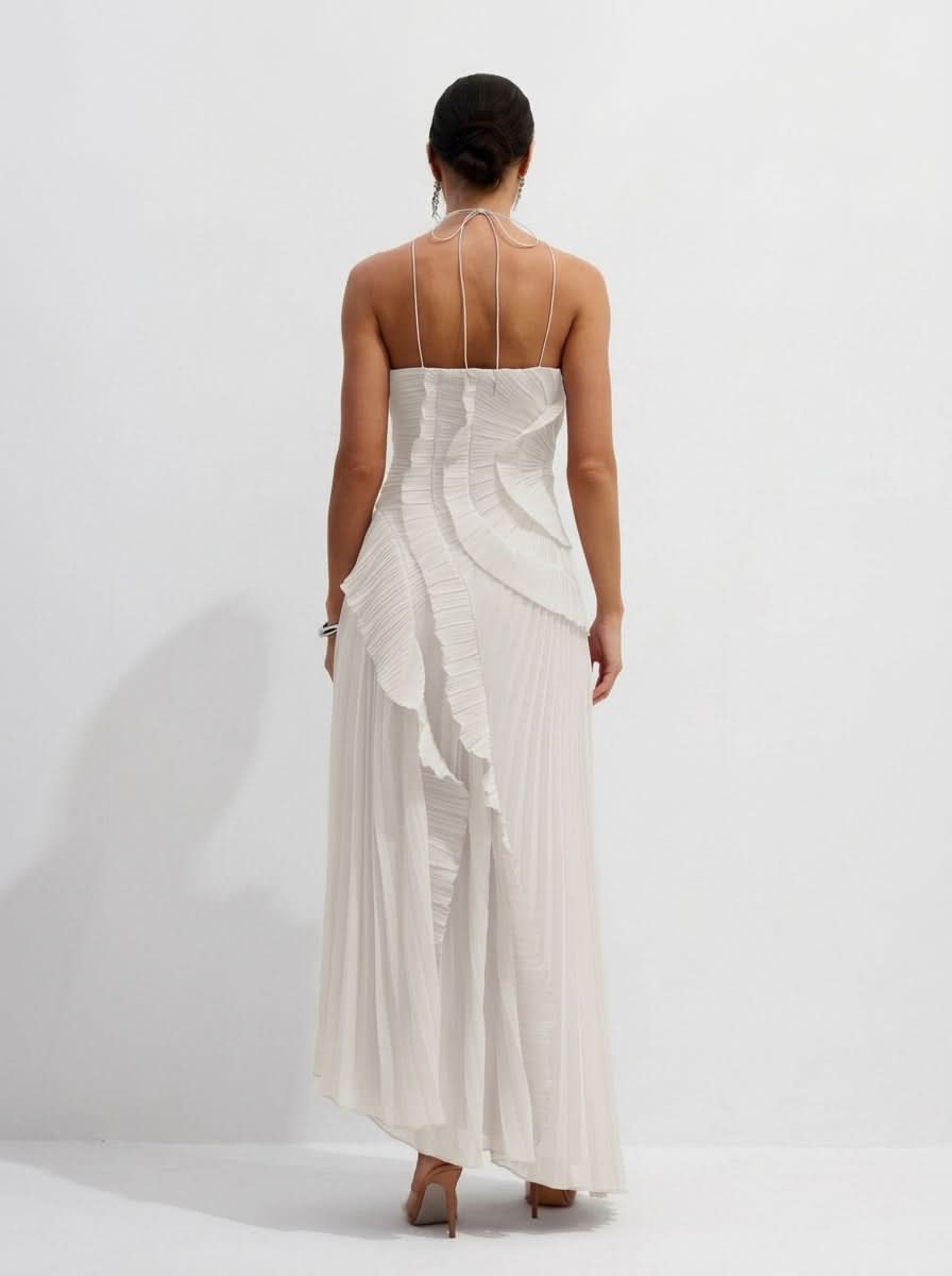 Halter Yaka Maxi Elbise Mor Pileli Detaylı
