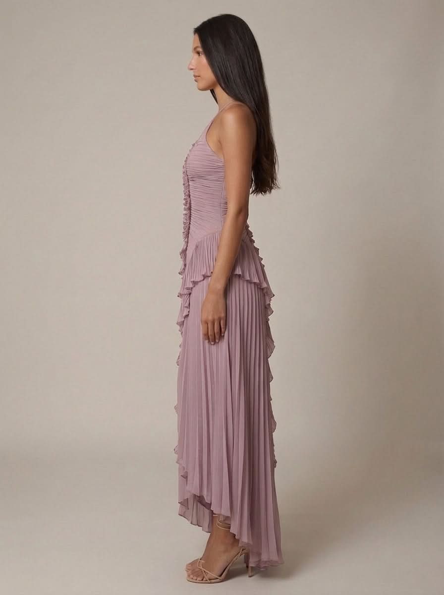 Halter Yaka Maxi Elbise Mor Pileli Detaylı