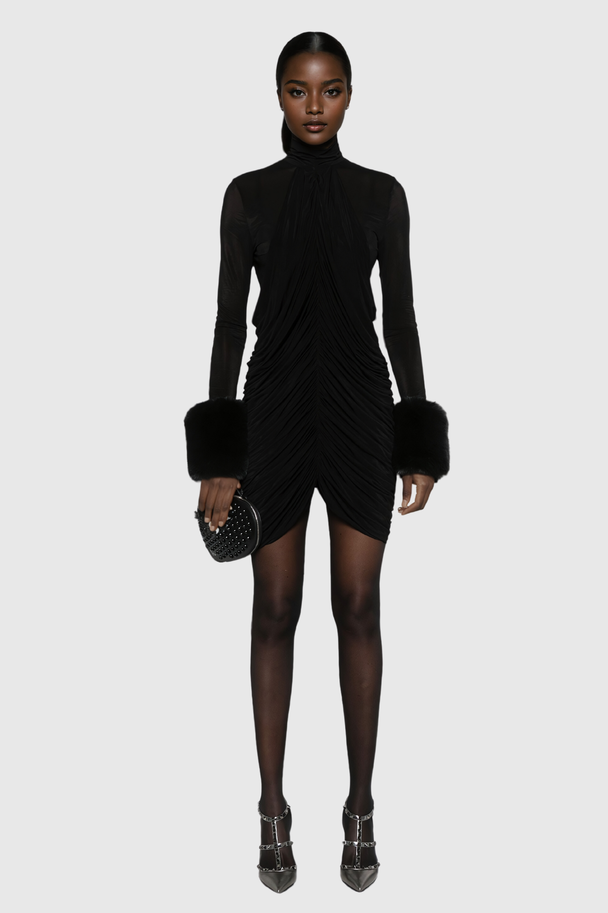 Aelwen Ruch Kürk Bodycon Mini Elbise