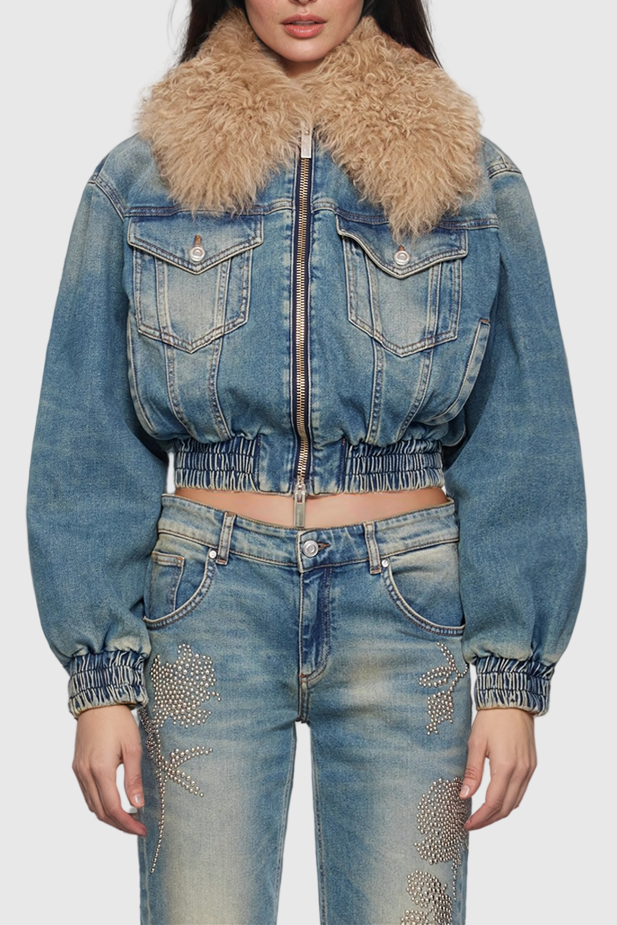 Akuna Kürk Dantelli Cepli Denim Ceket - 4. görünüm