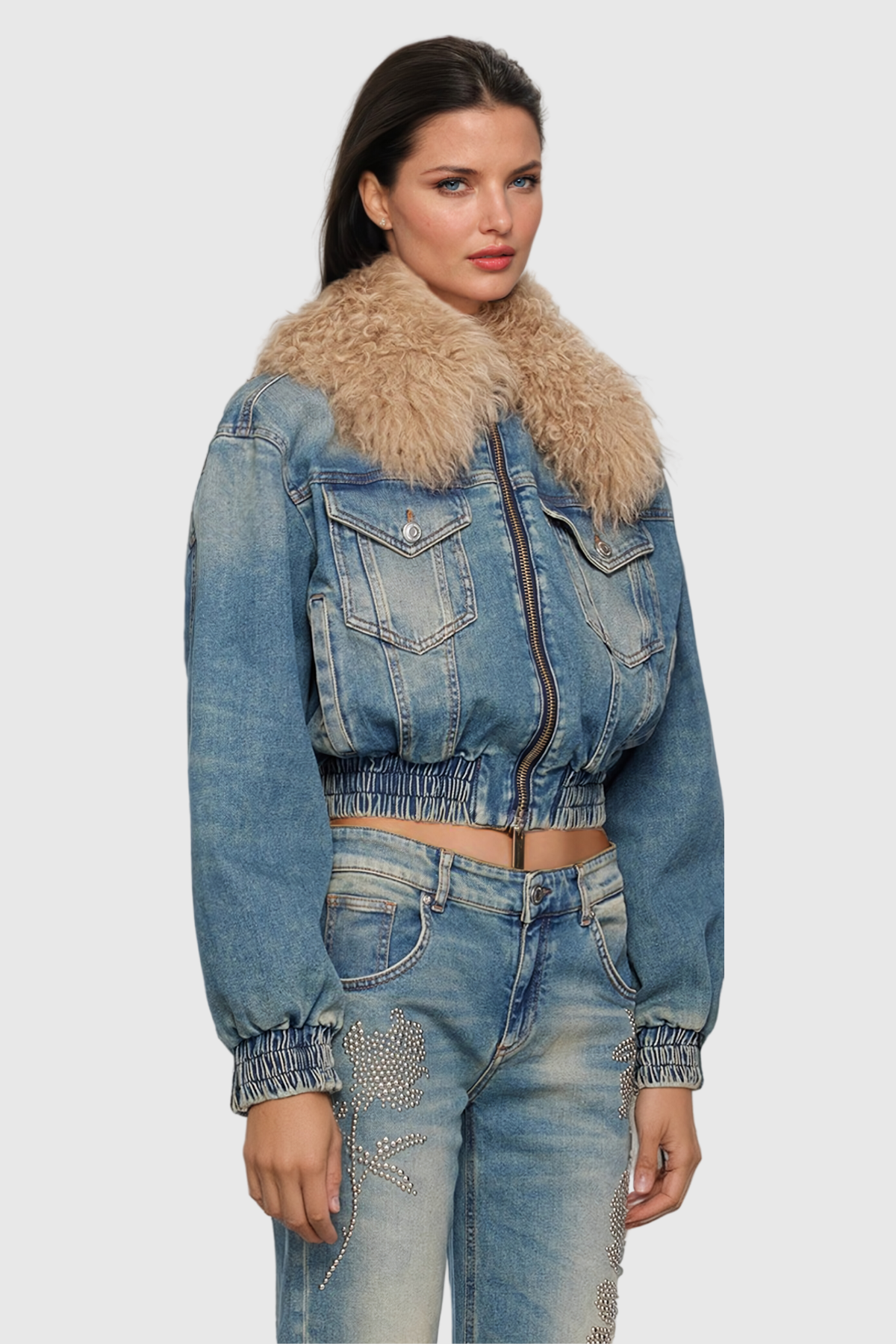 Akuna Kürk Dantelli Cepli Denim Ceket - 2. görünüm