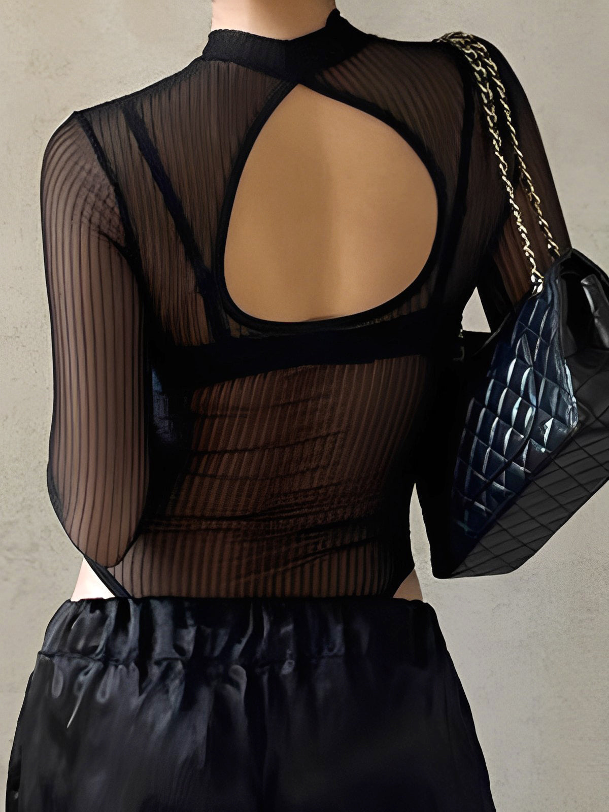 Şeffaf File Açık Sırtlı Kesikli Bodysuit - 3. görünüm