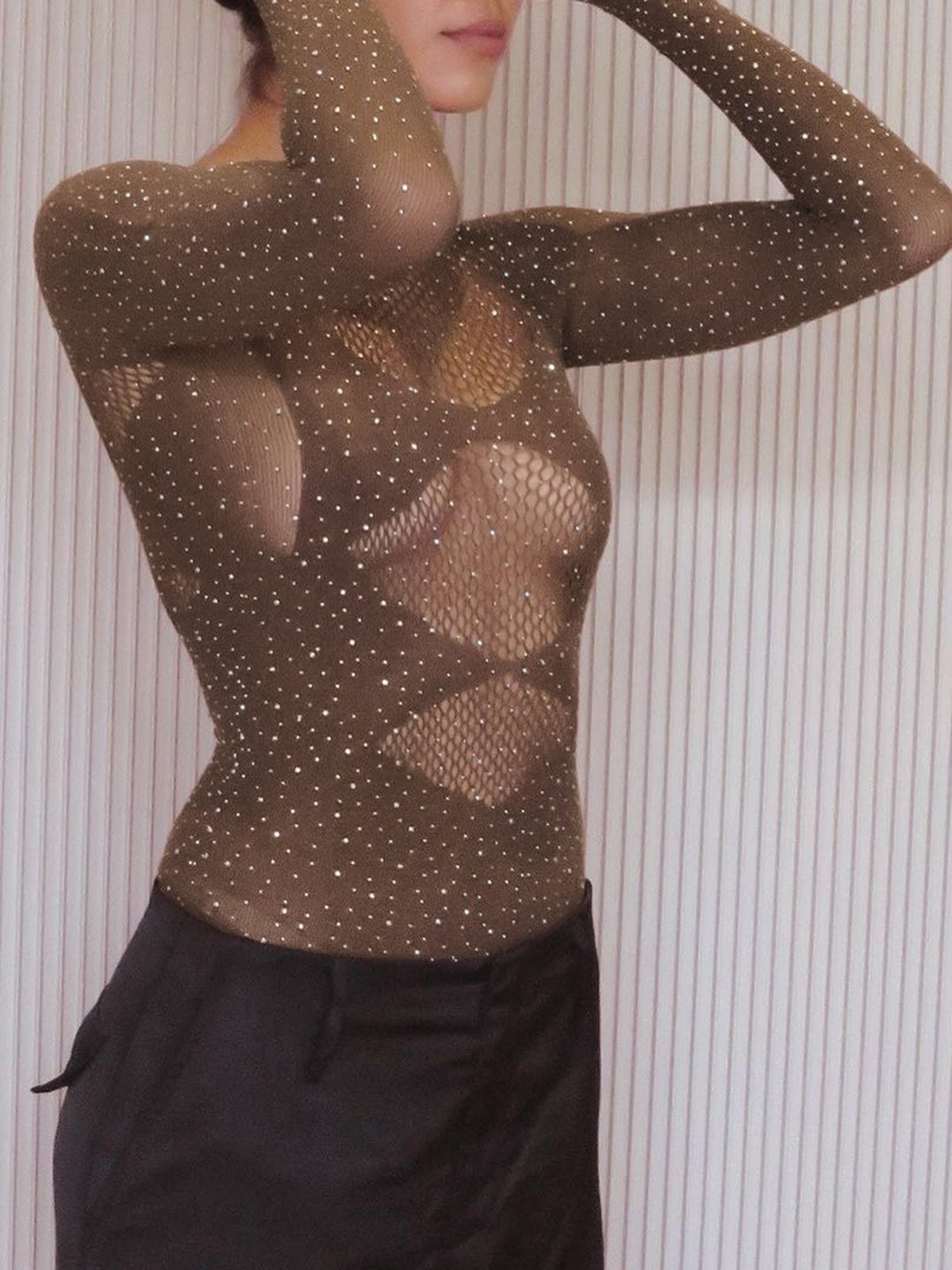 Parlak Taşlı Transparan Bodysuit Haki Uzun Kollu - 4. görünüm