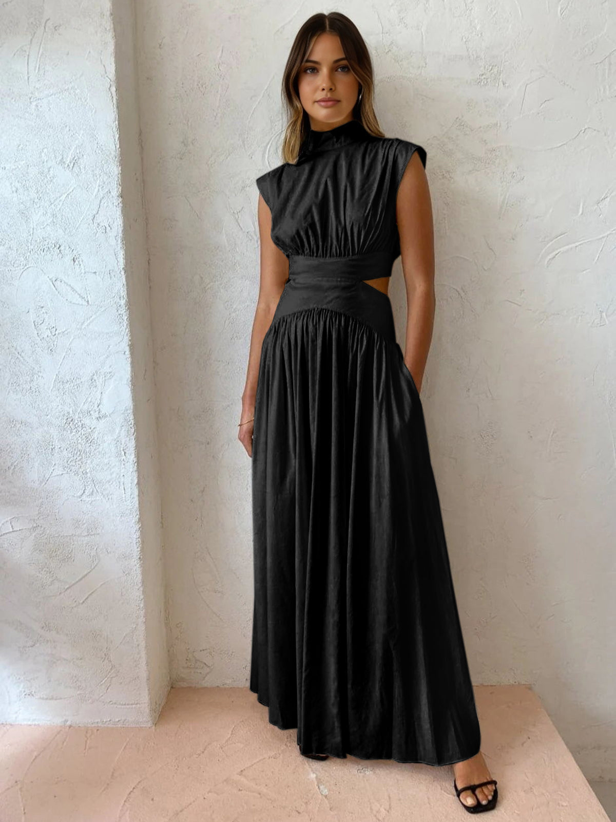 Balıkçı Yaka Kesik Detay Maxi Elbise Beyaz