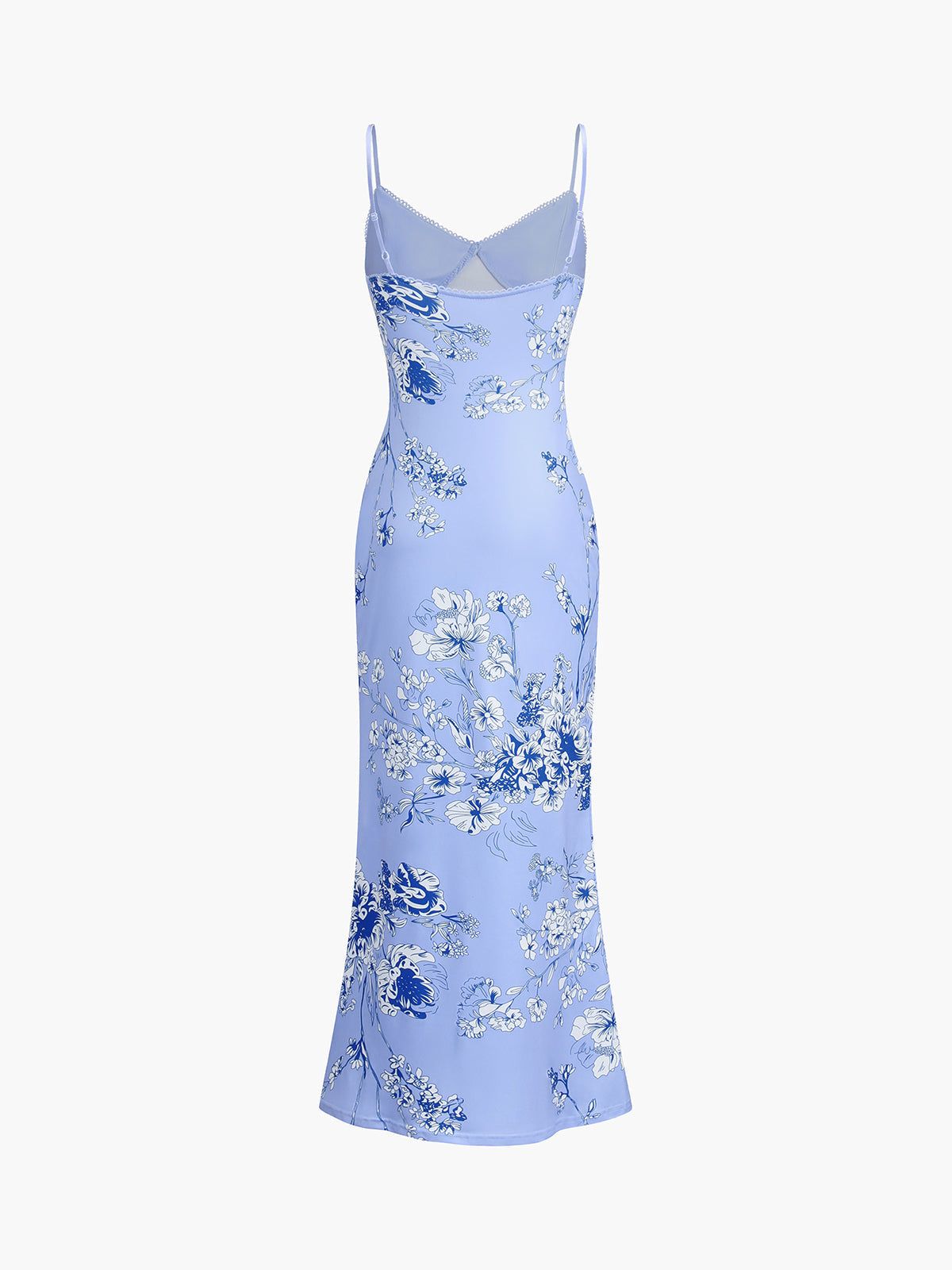 Çiçekli Askılı Maxi Elbise Açık Mavi Slim Fit