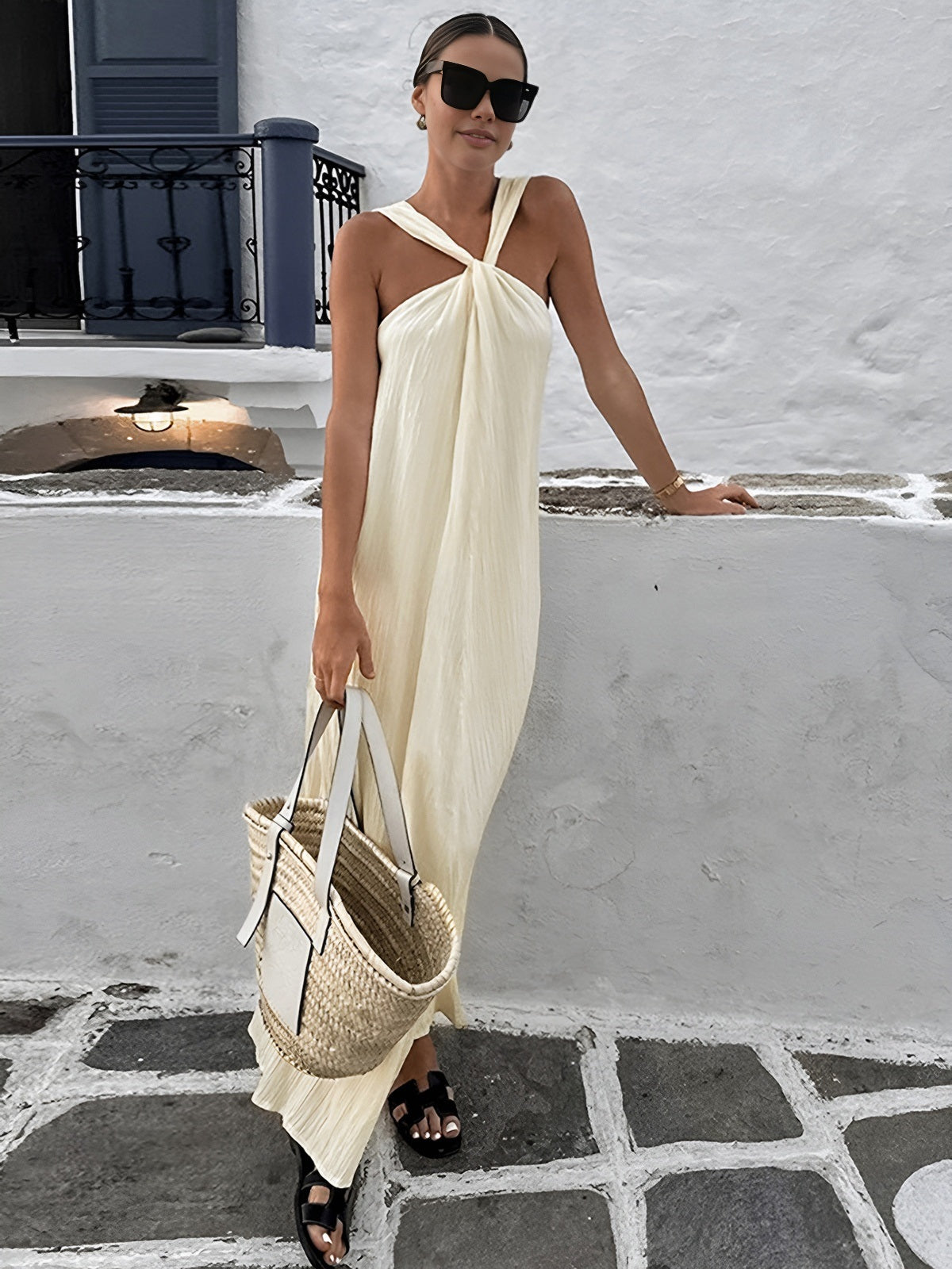 Halter Yaka Maxi Elbise Ekru Kolsuz