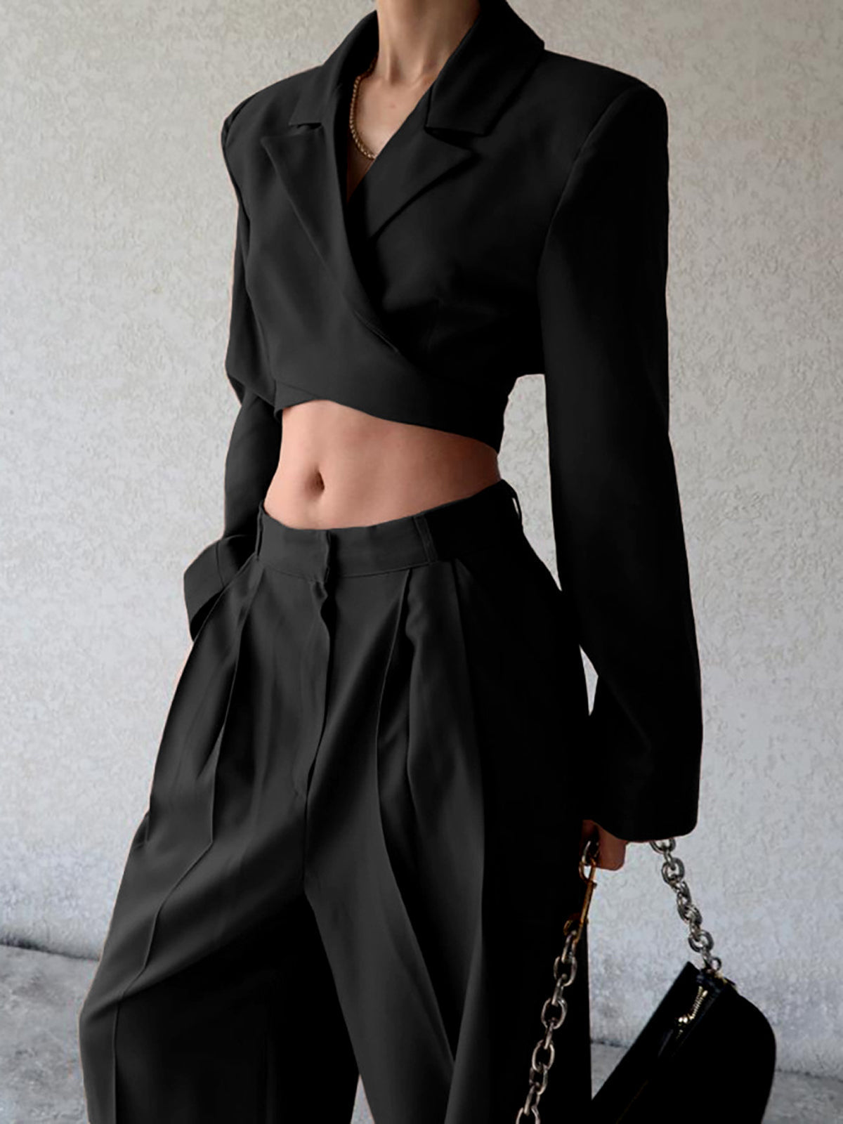 Düz Paça Bağcıklı Blazer Pantolon Takım Siyah Regular Fit