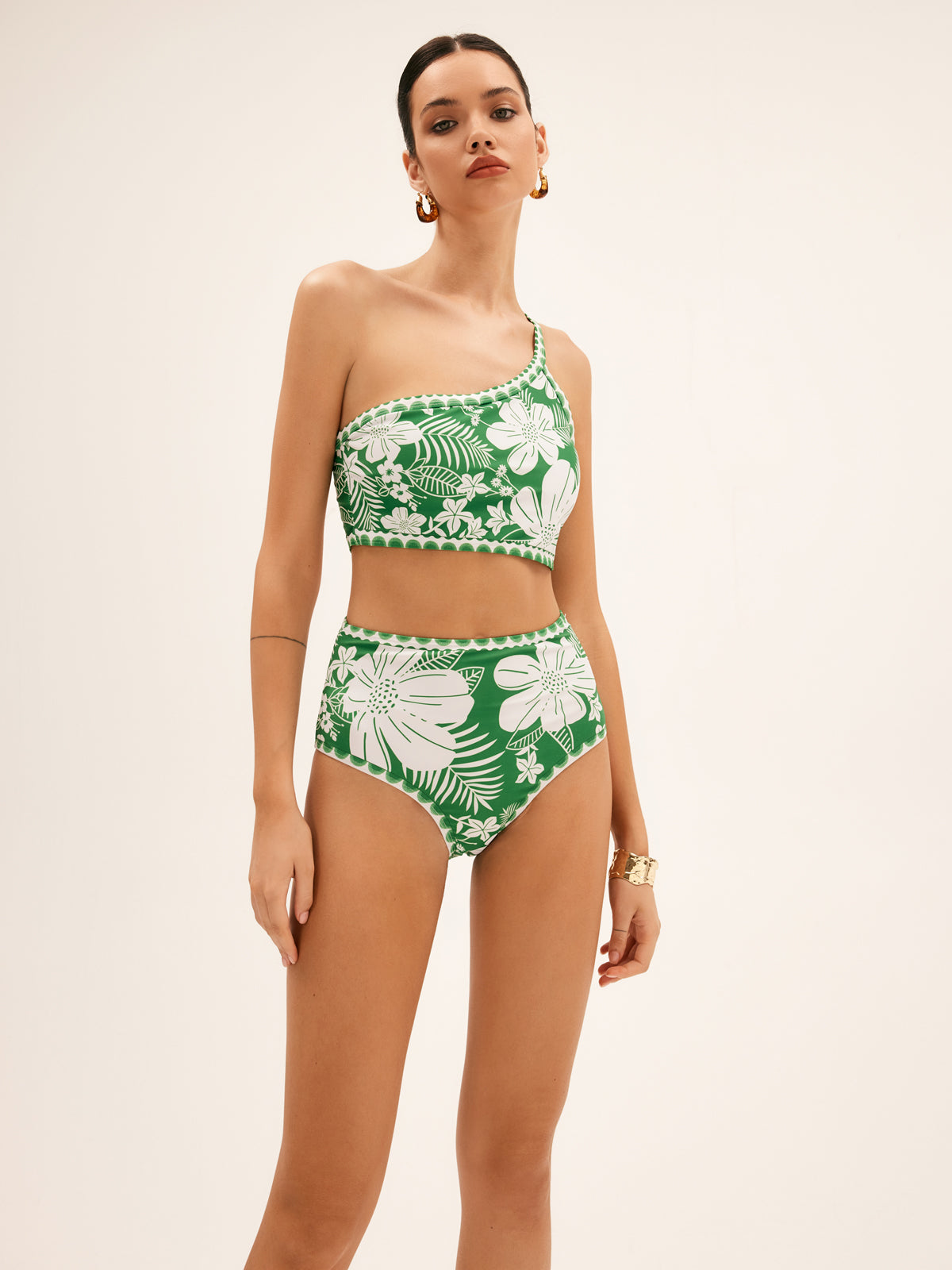 Tek Omuzlu Çiçekli Bikini Takımı Yeşil Asimetrik