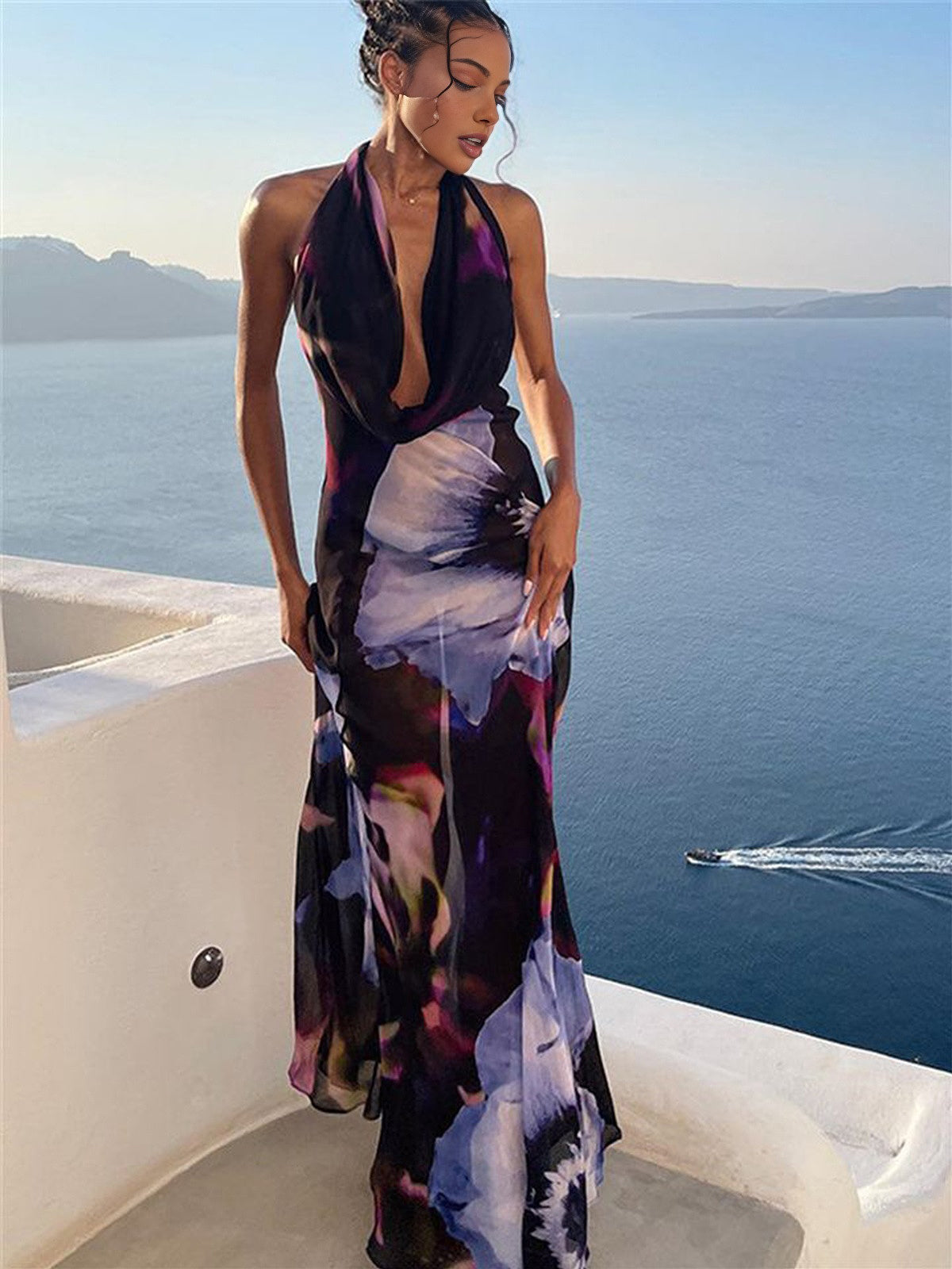 Baskılı Sırt Açık Halter Maxi Elbise Siyah