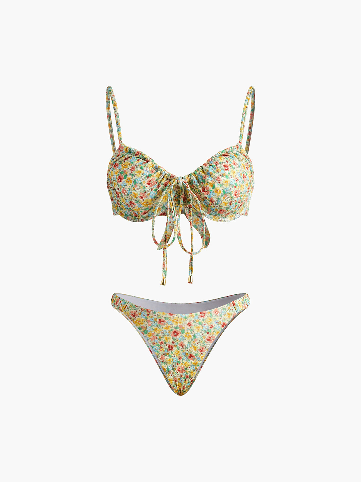 Çiçek Desenli Önden Bağlamalı Bikini Takımı Sarı Yeşil