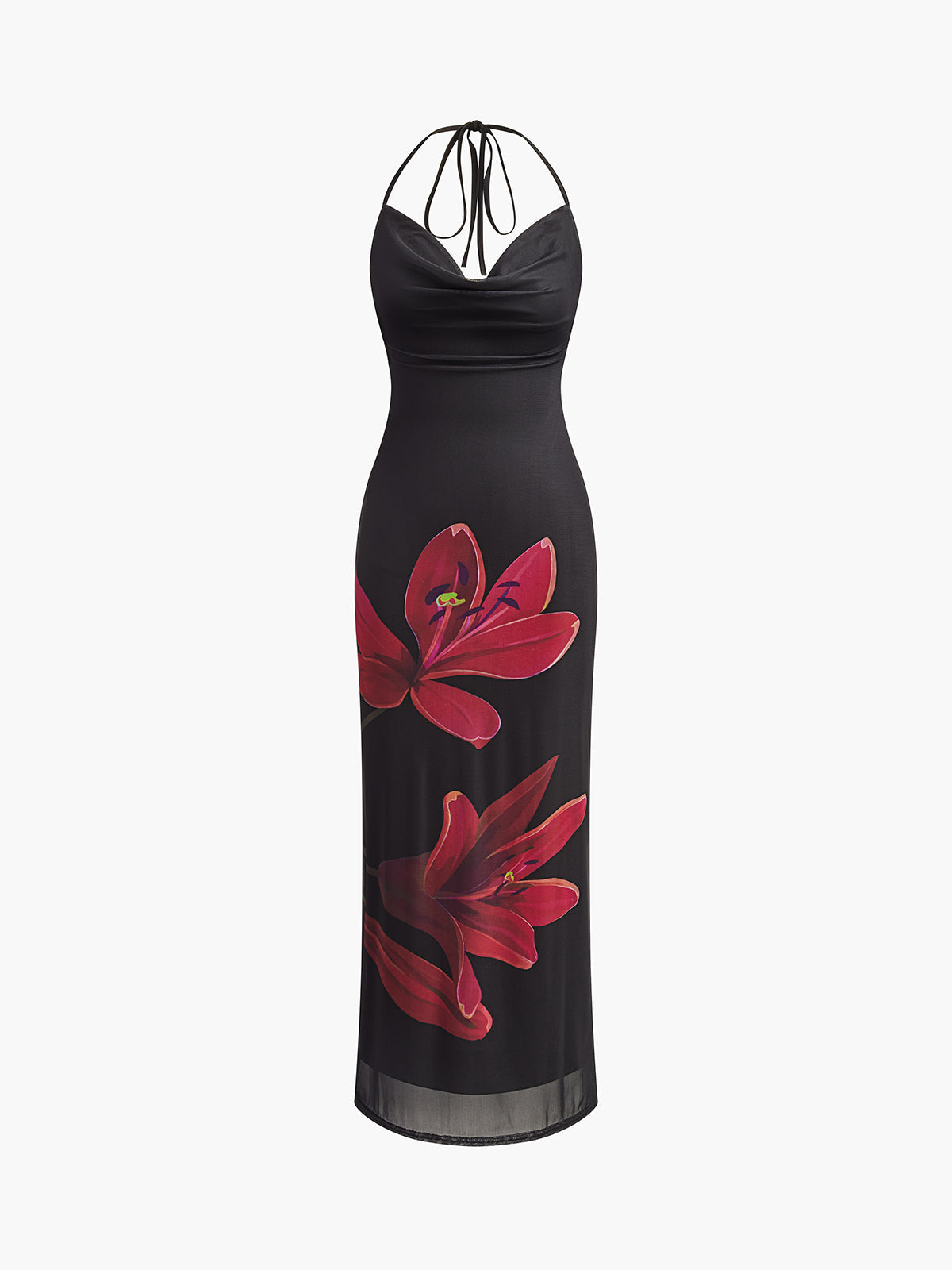 Halter İpli Sırtı Açık Çiçekli Maxi Elbise Siyah