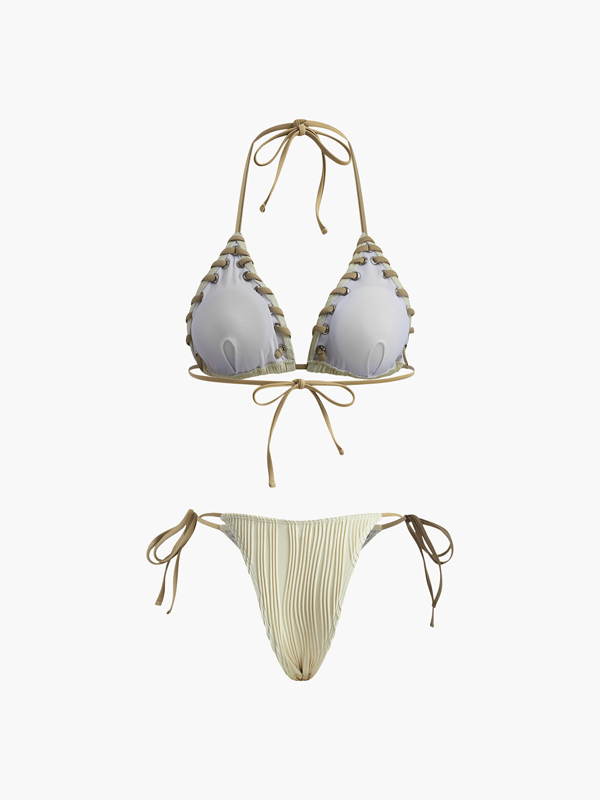 Dantelli Bağcıklı Bikini Takımı Bej Çıkarılabilir Pedli