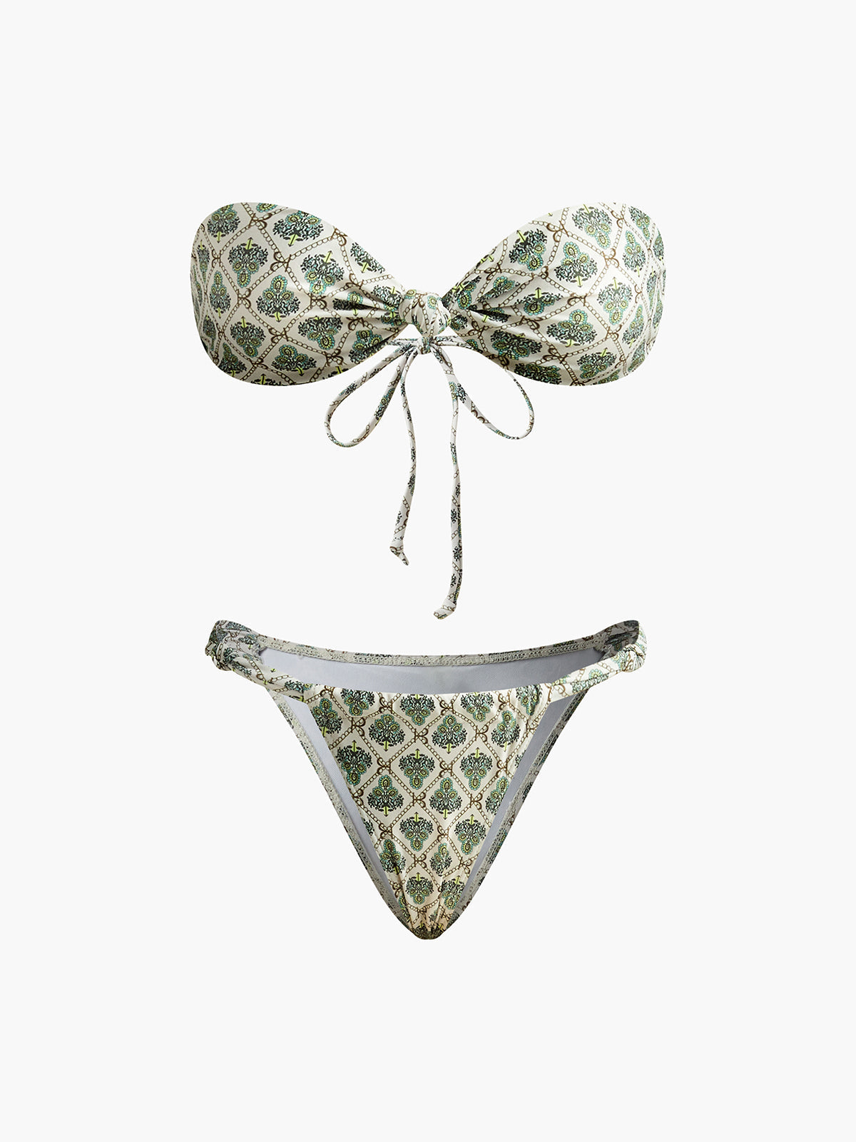 Baskılı Straplez Bikini Takımı Yeşil Ekru Geometrik Desen