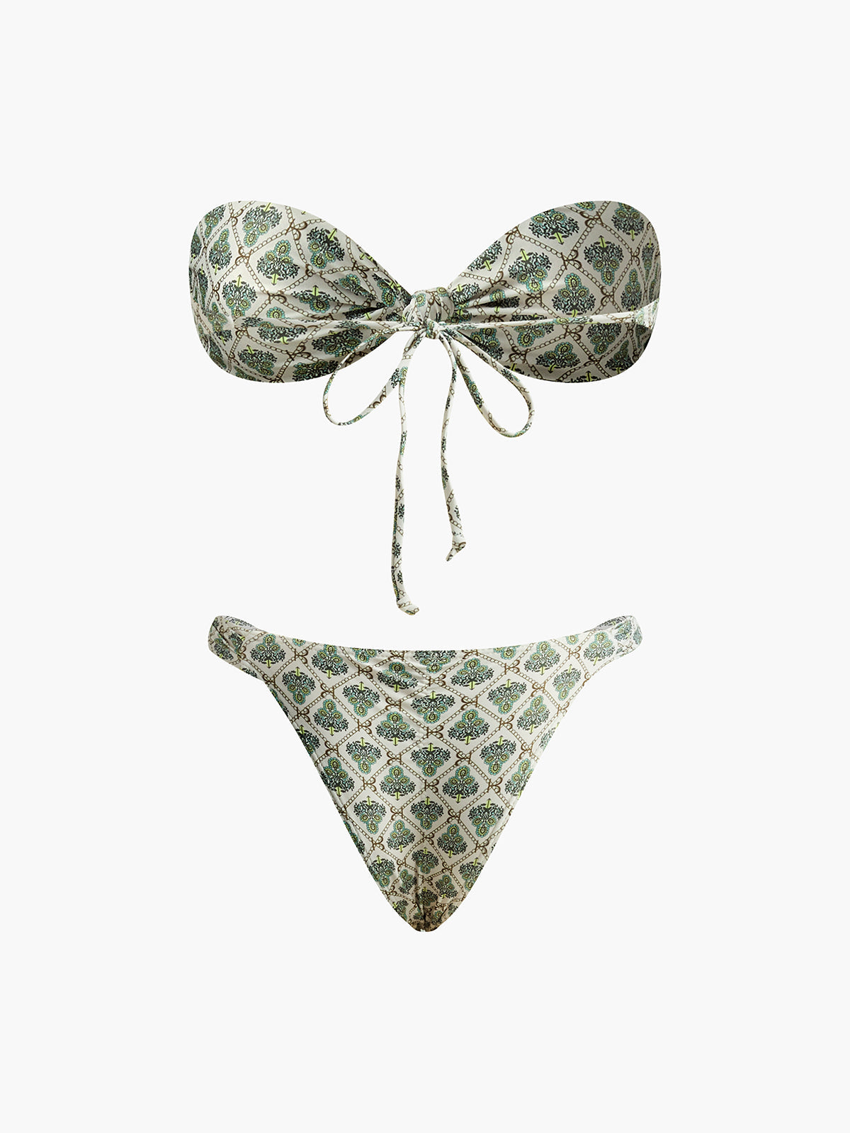 Baskılı Straplez Bikini Takımı Yeşil Ekru Geometrik Desen