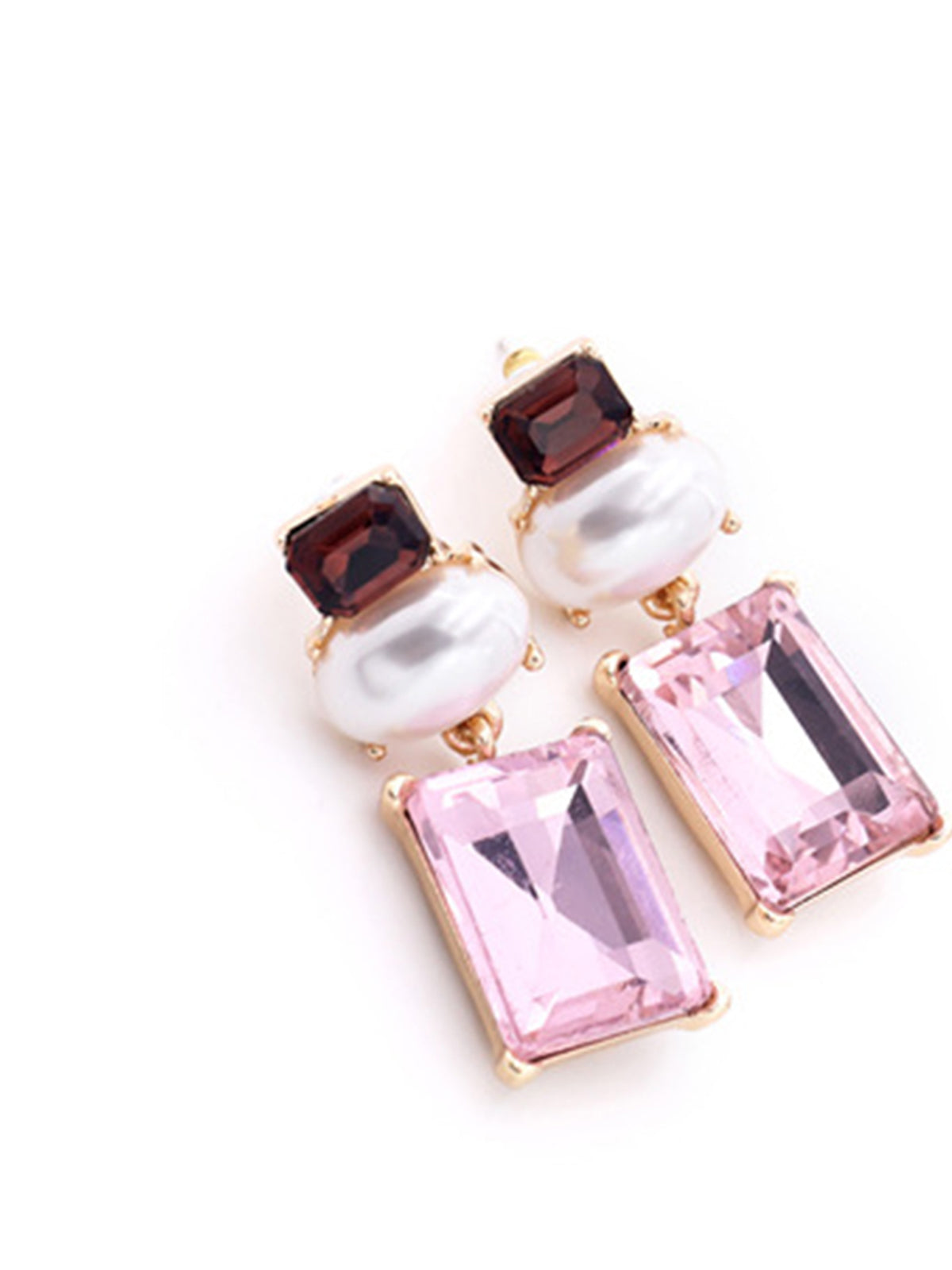 Geometrik Rhinestone Damla Küpe Pembe Bordo Ziron Taşlı