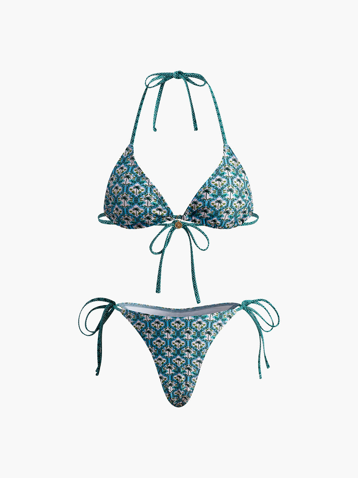 Baskılı Dantelli Bikini Takımı Yeşil Halter Yaka