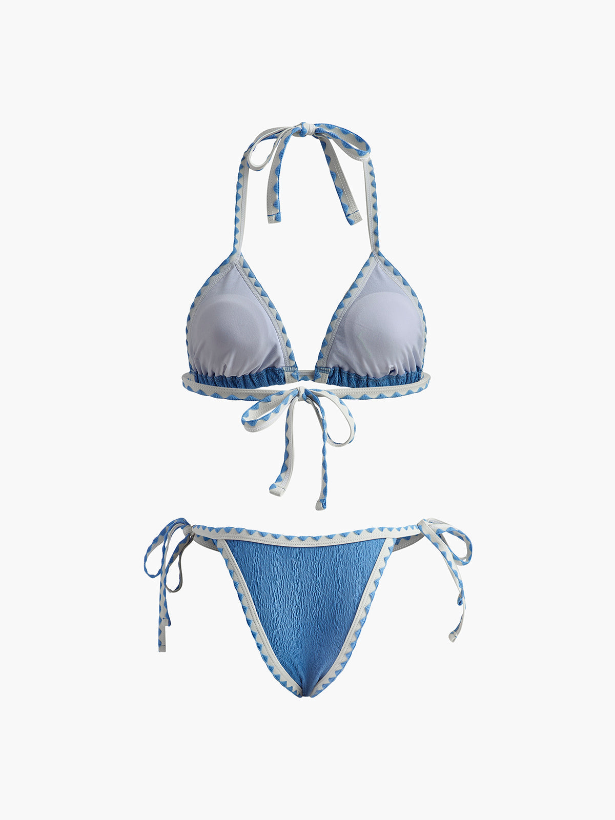 Kontrast Bağcıklı Düğümlü Bikini Takımı Mavi Puantiyeli