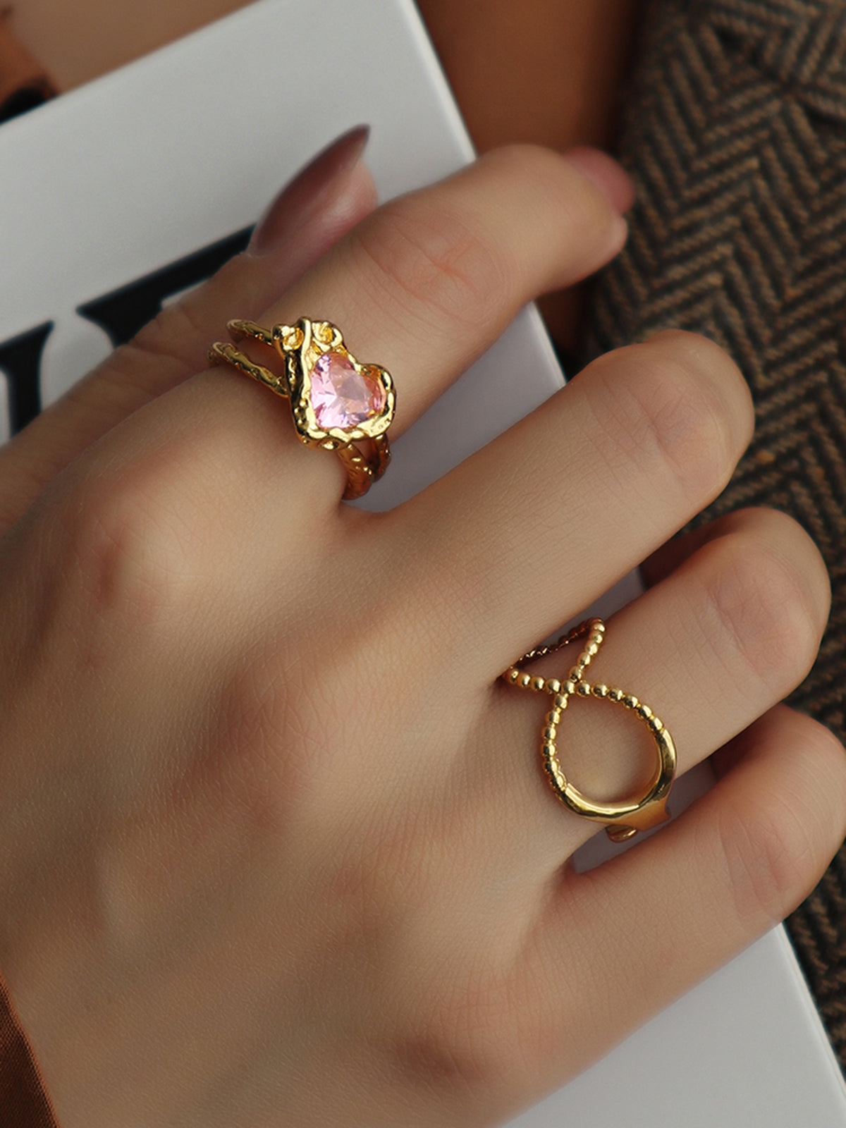 Kalp Rhinestone Ayarlanabilir Açık Yüzük Altın
