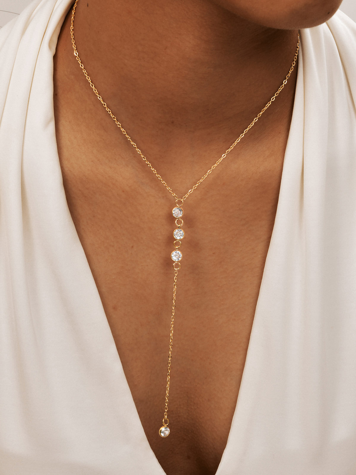 Rhinestone Lariat Damla Kolye Altın Titanyum Çelik