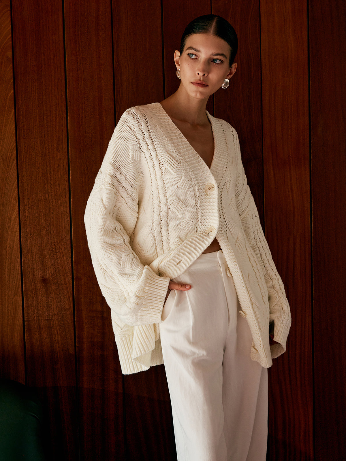 Oversize Saç Örgü Desenli Hırka - 4. görünüm